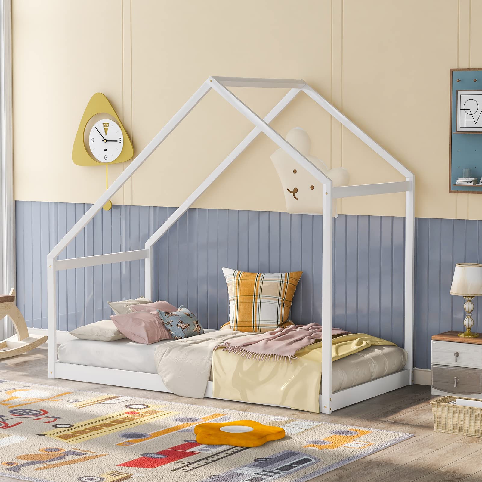 **White Twin Size Wooden House Bed with Roof - Kids & Teens Platform Bed Frame, Daybed, Tent Bed for Boys & Girls Bedroom, Dorm Furniture (Box Spring Required) - Perfect for Playrooms, Sleepovers & Cozy Reading Nooks**