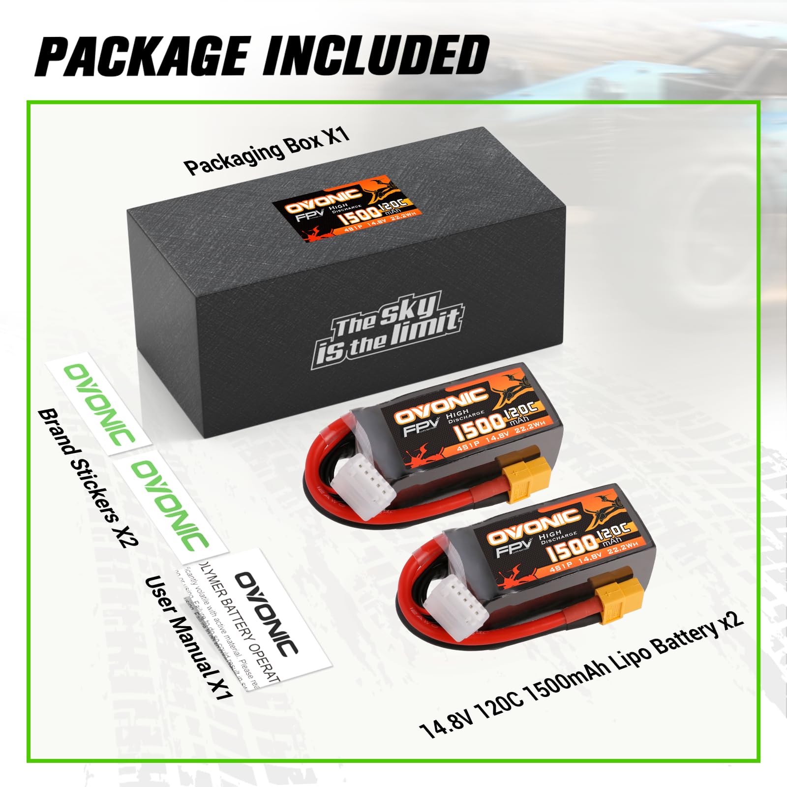 OVONIC 14.8V 120C 1500mAh 4S Lipo Battery with XT60 Plug - High Performance RC Battery for FPV Drones, Quadcopters, Helicopters, Airplanes, RC Boats & Cars (2 Pack) - Perfect for Racing, Aerial Photography and Long Flight Time