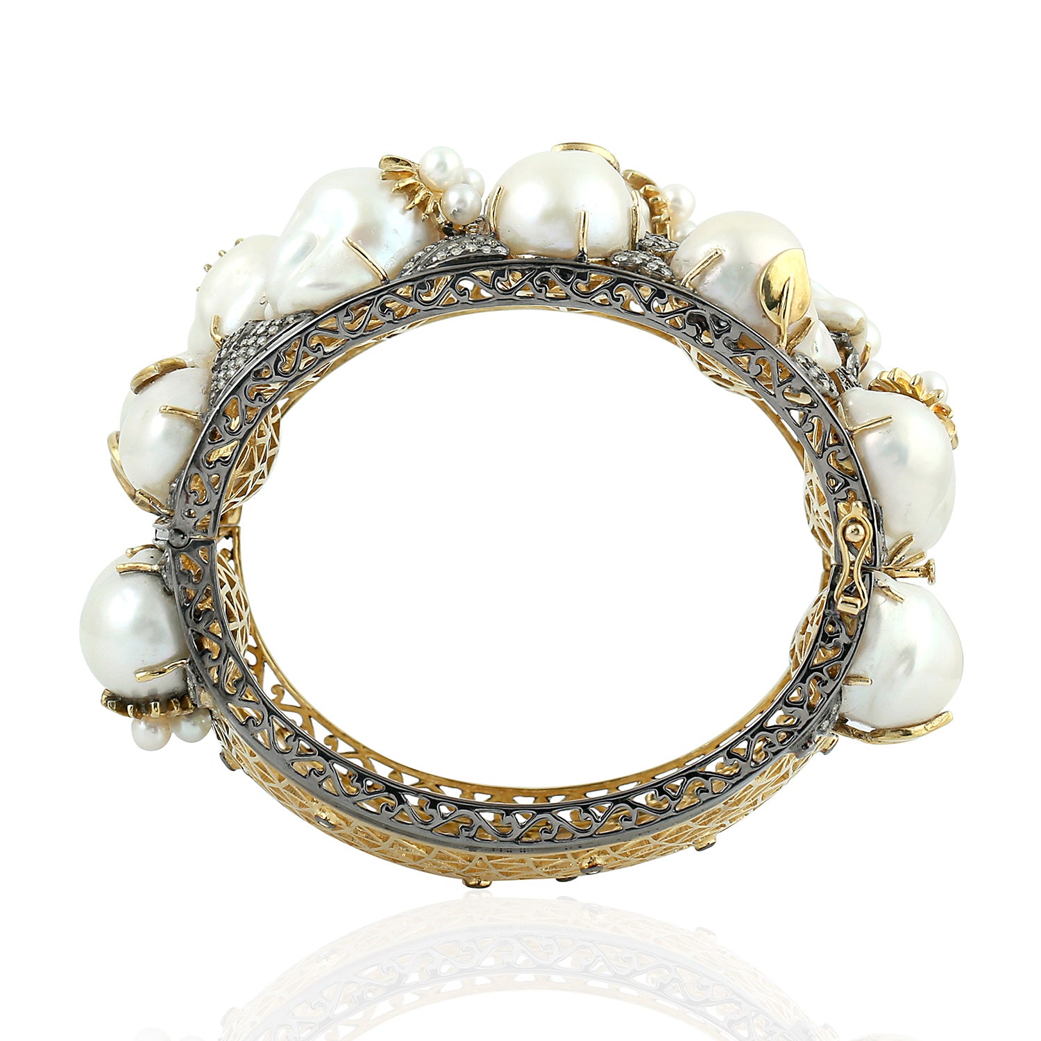 Baroque Pearl Pave Diamond & Sapphire Bangle Bracelet - 925 Sterling Silver Gold Plated Jewelry for Women, Gift for Anniversary, Wedding, Party