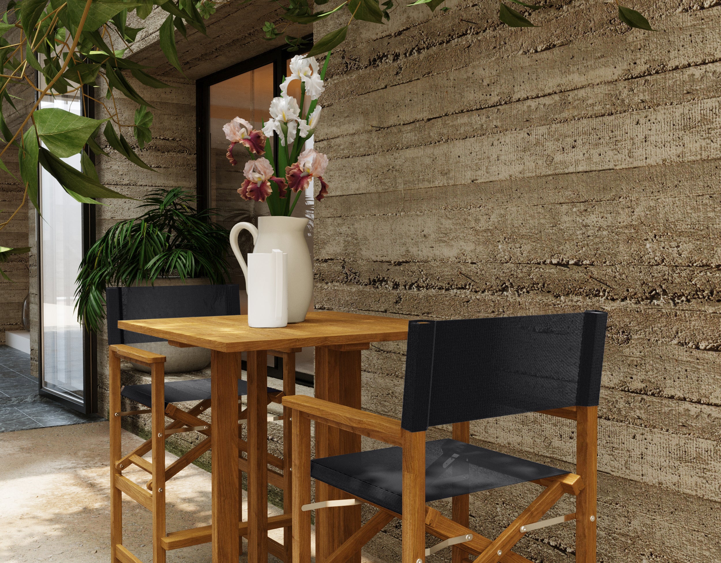 3-Piece Square Teak Outdoor Bar Height Dining Set with Folding Armchairs - Black Patio Furniture for Garden, Poolside & Backyard Entertaining