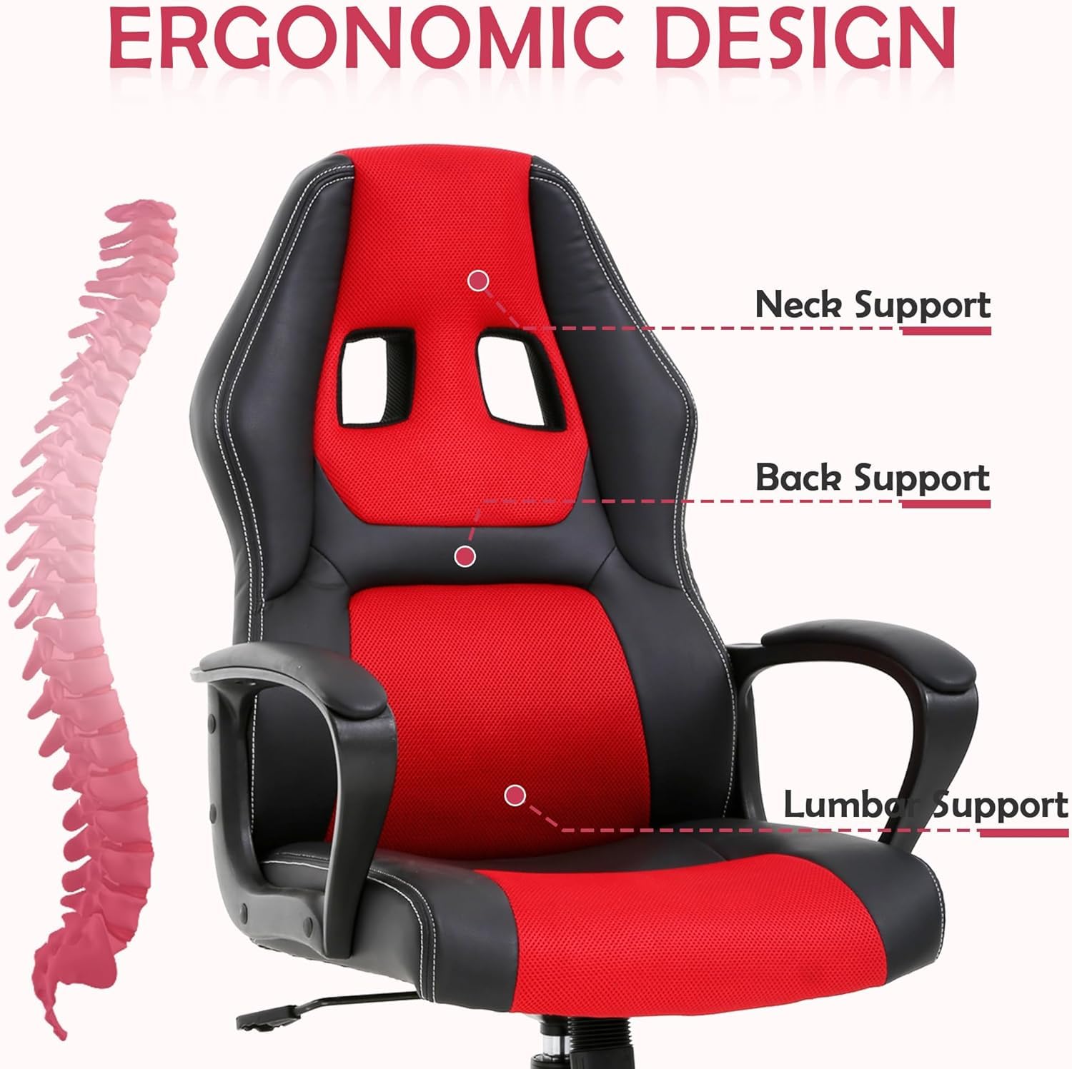 Ergonomic Gaming Chair with Lumbar Support & Headrest - Adjustable Reclining Office Computer Chair for Adults & Teens - High Back Racing Style Swivel Task Chair with Armrests - Perfect for Home Office, Gaming Setup & Workstation (Red)