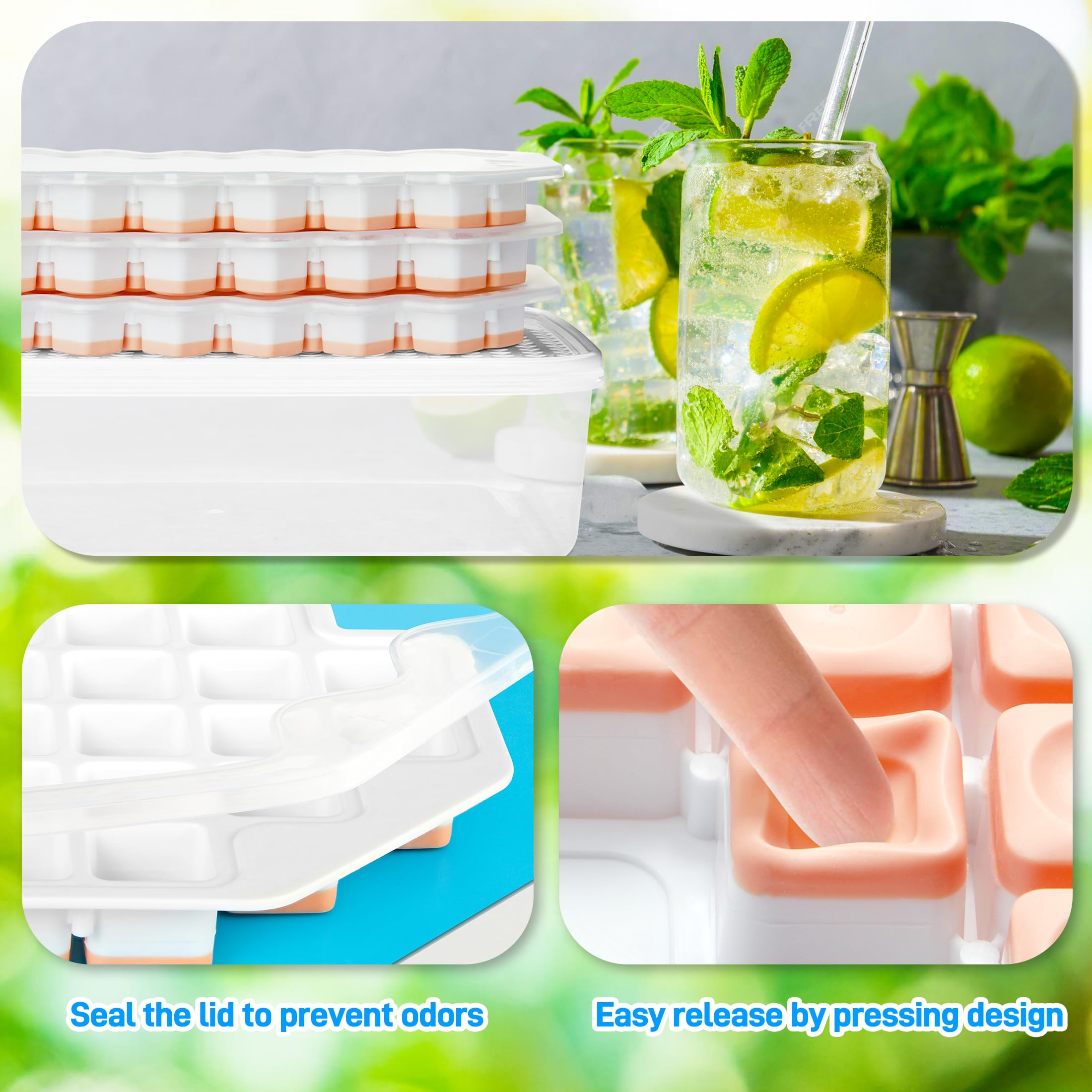 3-Pack Silicone Ice Cube Trays with Lid & Storage Bin - BPA Free, 0.8