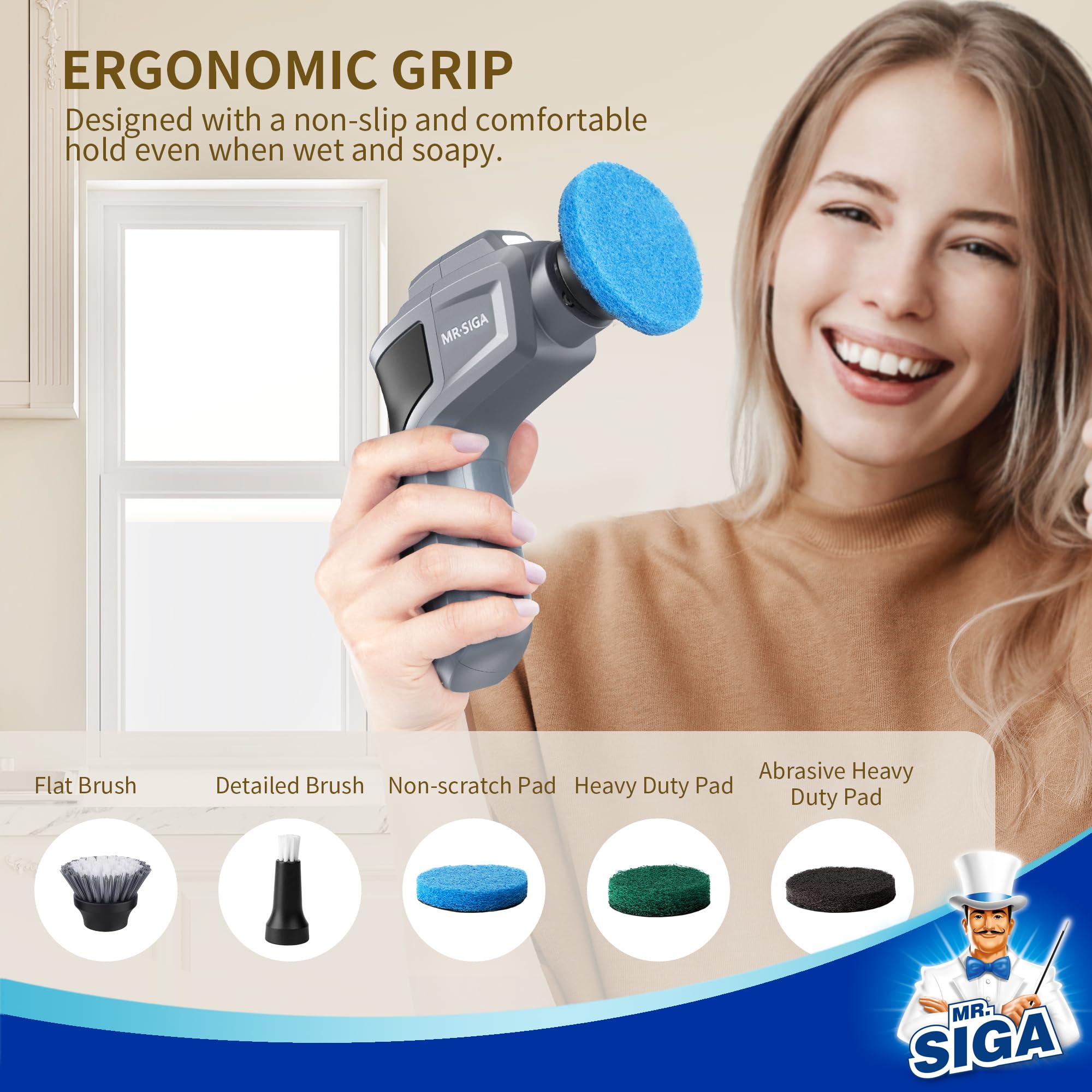 MR.SIGA Electric Spin Scrubber - Cordless Rechargeable Power Scrubber with 5 Replaceable Brush Heads for Deep Cleaning Kitchen, Bathroom, Tile & Grout | Waterproof Design for Shower, Sink & Bathtub Cleaning