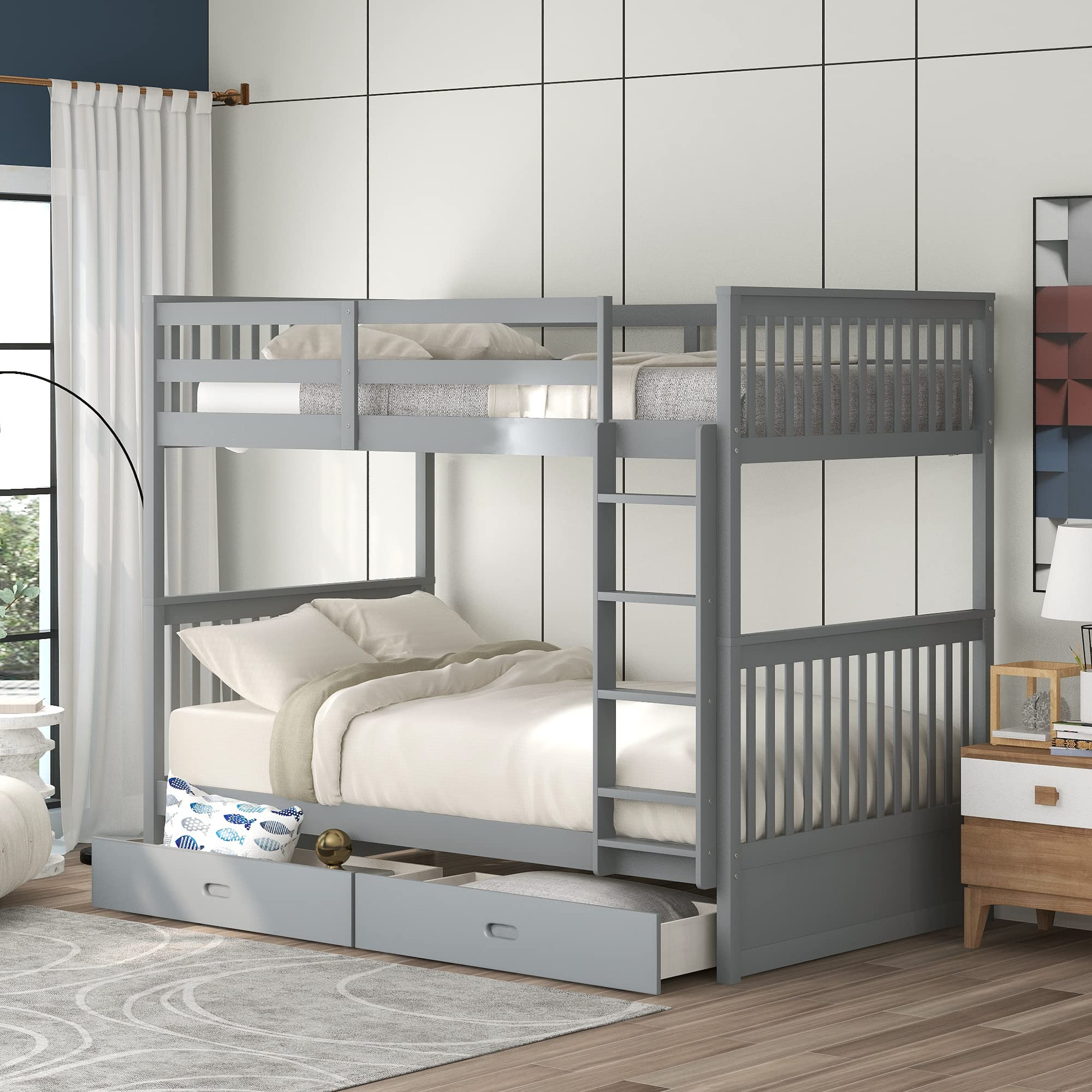 Twin Over Twin Bunk Bed Frame with 2 Storage Drawers & Safety Guard Rails - No Box Spring Required, Space-Saving Gray Bunk Bed for Kids, Teens & Guest Rooms