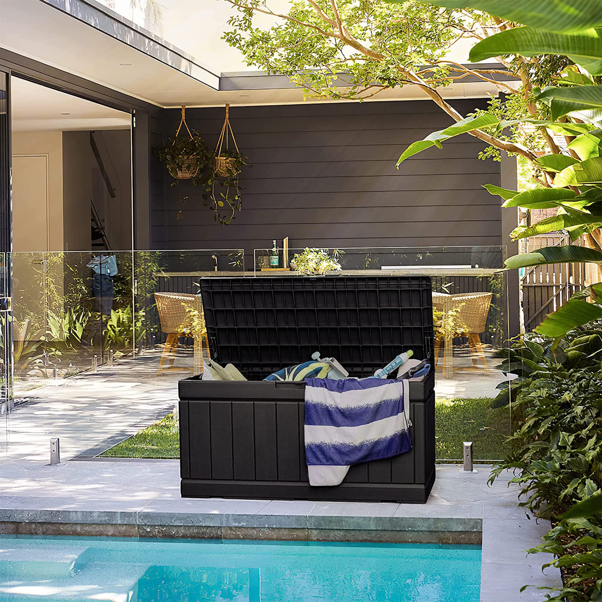 GUNJI 83 Gallon Outdoor Storage Box - Waterproof Large Resin Deck Box with Lockable Lid, Patio Storage Bench for Cushions, Garden Tools & Pool Accessories (Black) - Perfect for Backyard, Poolside & Garden Organization