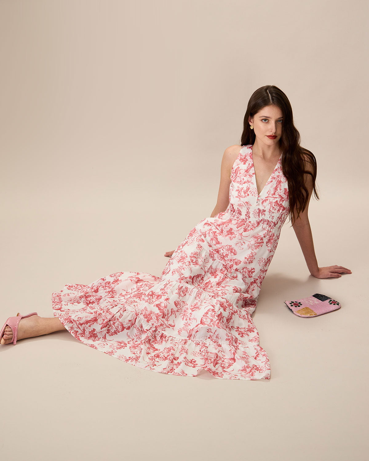 Women's Red Floral Ruched Sleeveless Maxi Dress - Elegant Summer Beach Wedding Party Gown for Vacation & Special Occasions