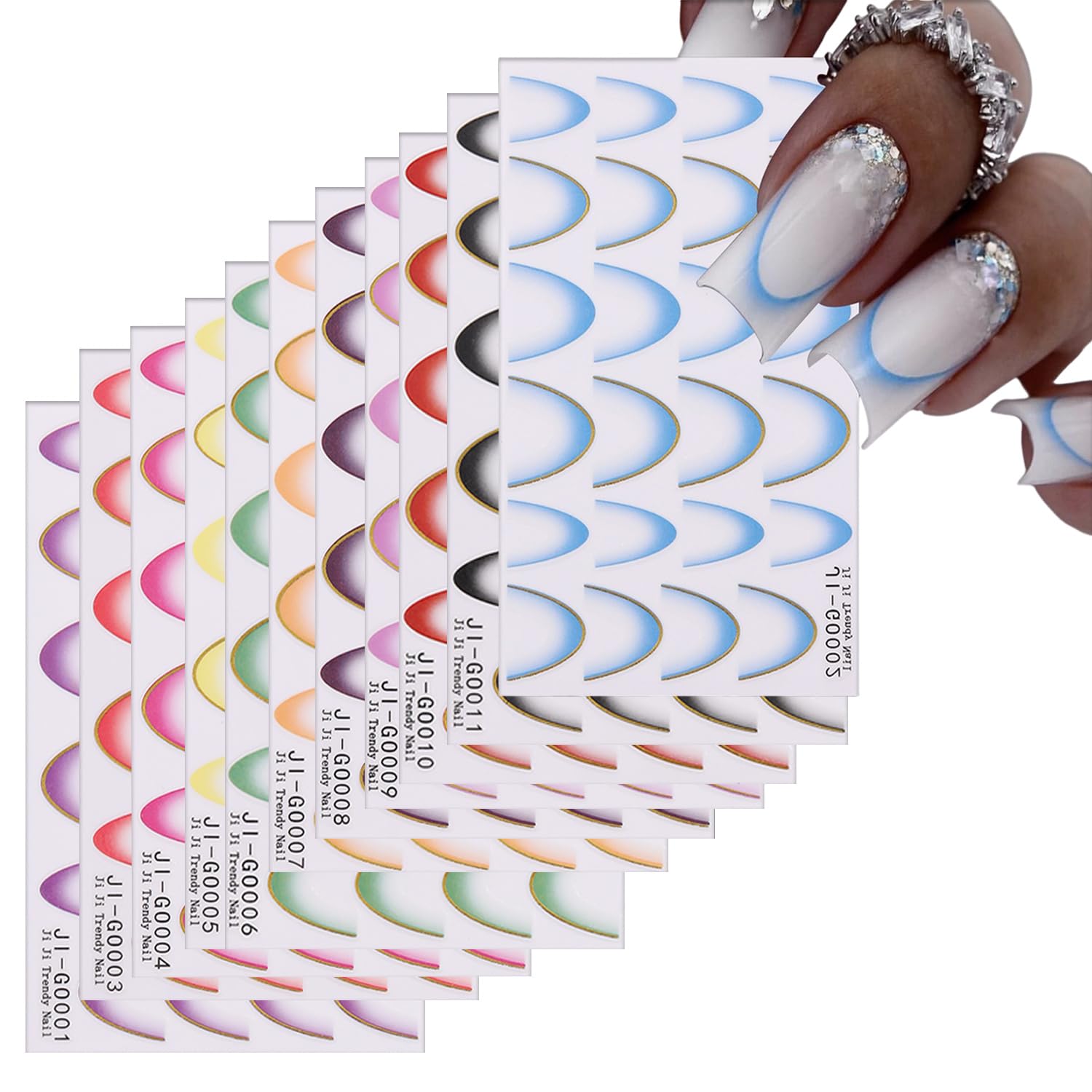 11 Sheets French Gradient Nail Art Stickers - 3D Self-Adhesive Nail Decals in Blue, Purple, Green, Black & Yellow Designs - Perfect for DIY Manicures, Nail Art Decorations & Professional Salon Use