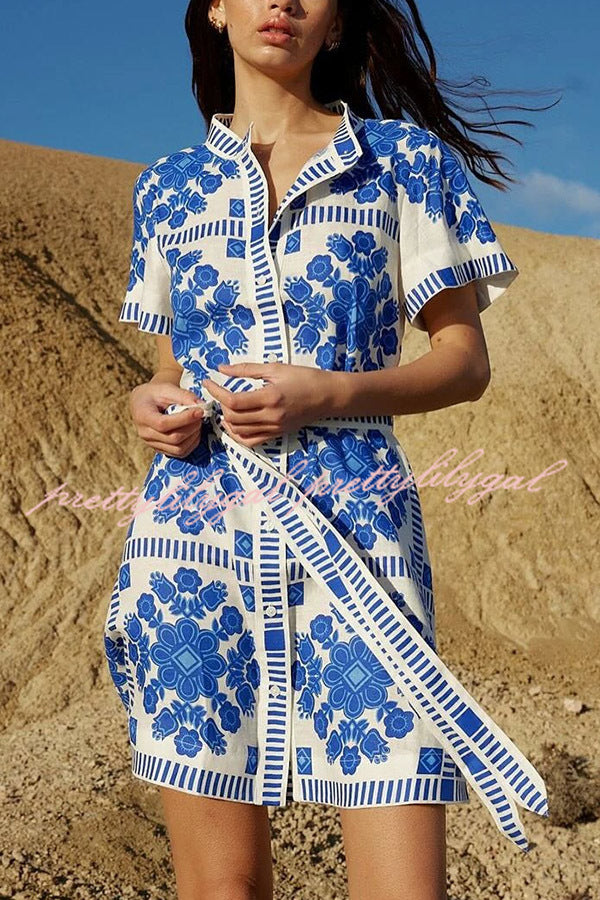Stylish Floral Print Short Sleeve Button Down Tie Waist Mini Dress - Perfect for Summer Outings, Beach Vacations & Casual Dates