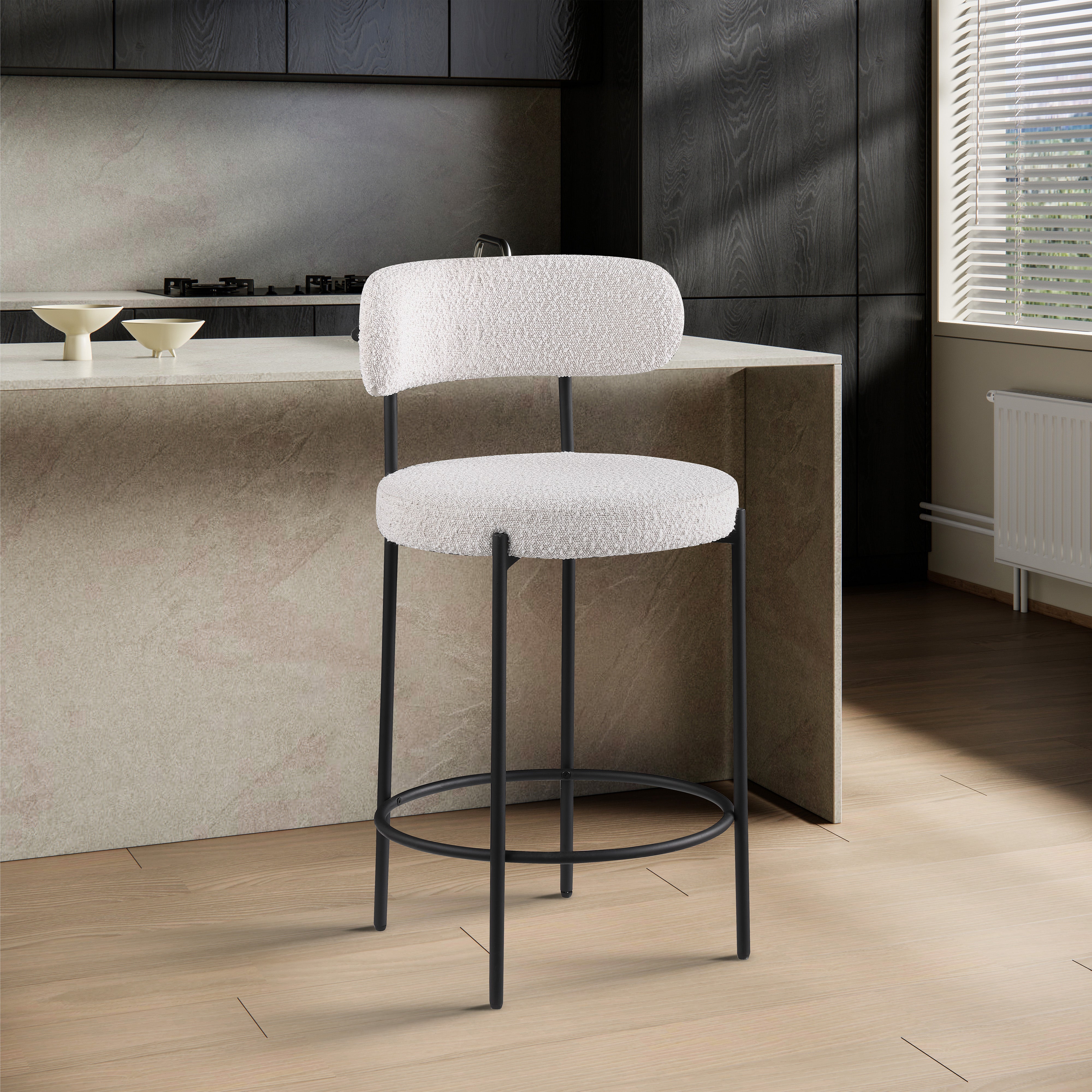 Beacon Boucle Fabric Stool - Modern Round Accent Chair with Soft Textured Upholstery for Living Room, Bedroom & Office Decor