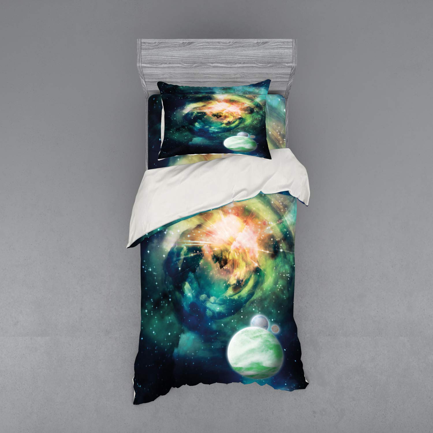 Ambesonne Space Duvet Cover Set - Spiral Andromeda Galaxy with Planets, Mystical Cosmos Fantasy Bedding | 3-Piece Twin XL Set with Sham & Fitted Sheet in Teal Blue & Yellow | Perfect for Astronomy Lovers' Bedrooms & Space-Themed Decor