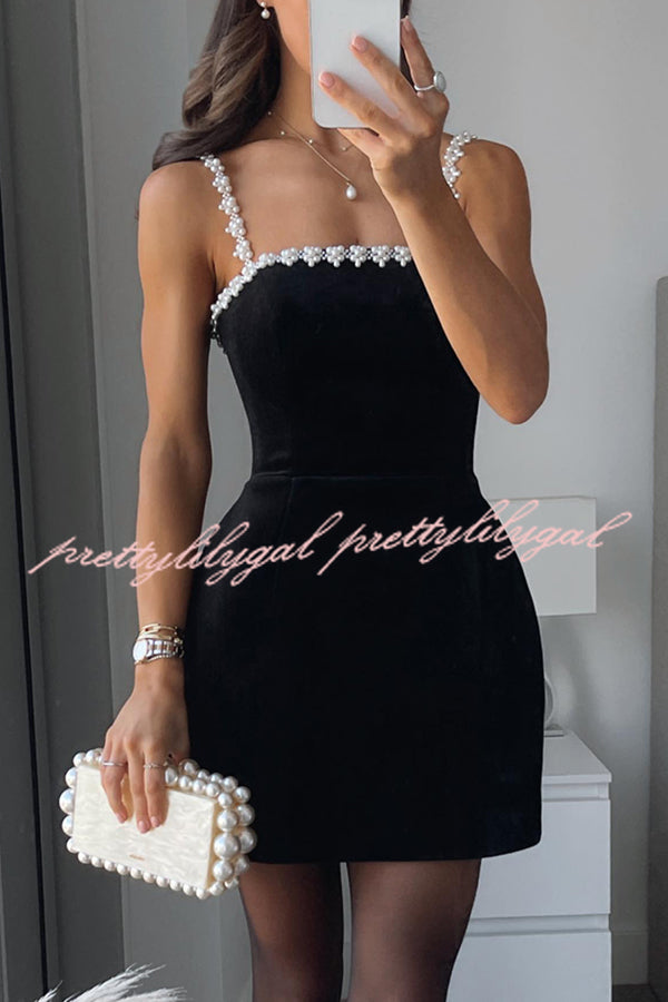 Elegant Sweet Poetry Velvet Mini Dress with Pearl Trim & Pockets | Tulip Hem Style for Parties, Dates & Special Occasions
