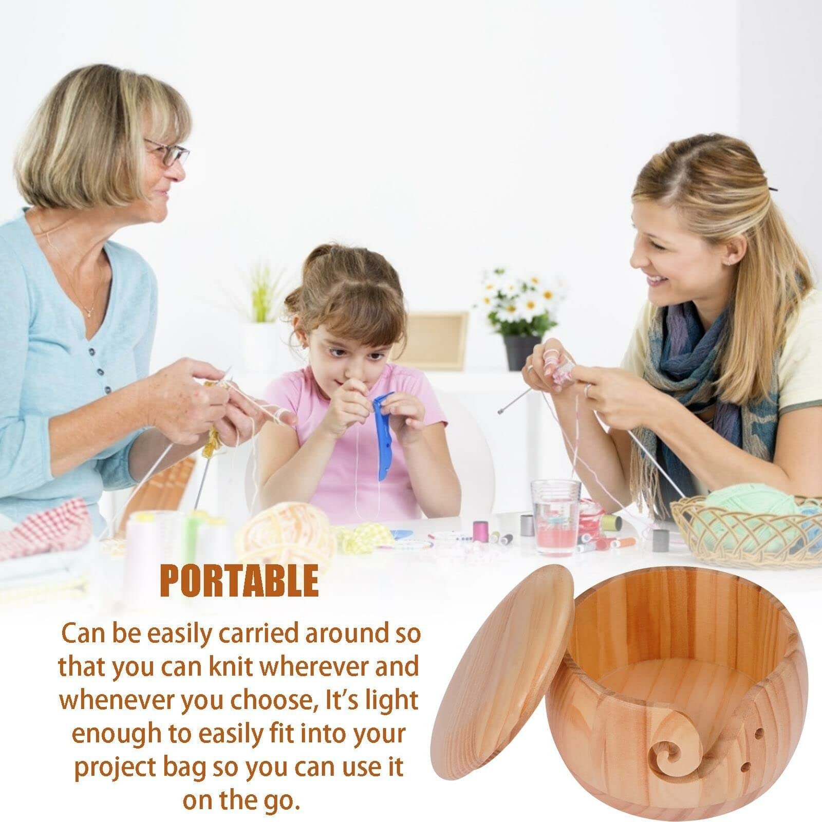 Handmade Wooden Yarn Bowl with Cover - 12 Piece Crochet Hook Set for Knitting & Crocheting - Yarn Storage Bowl with Holes for Smooth Yarn Feeding - Perfect for DIY Crafts, Home Decor & Gift Giving