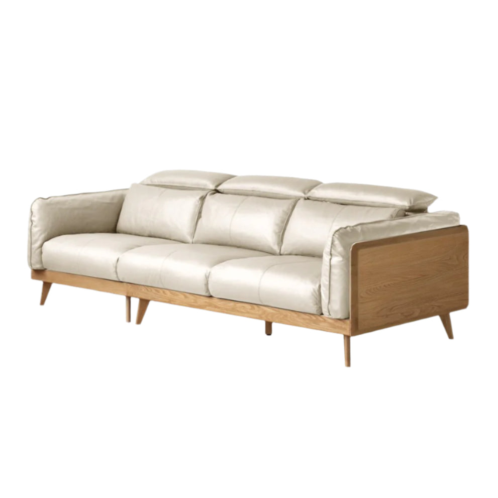 104.3x42.5x33.4 inch / 265x108x85 cm / Natural wood color / three-seater leather coconut milk white