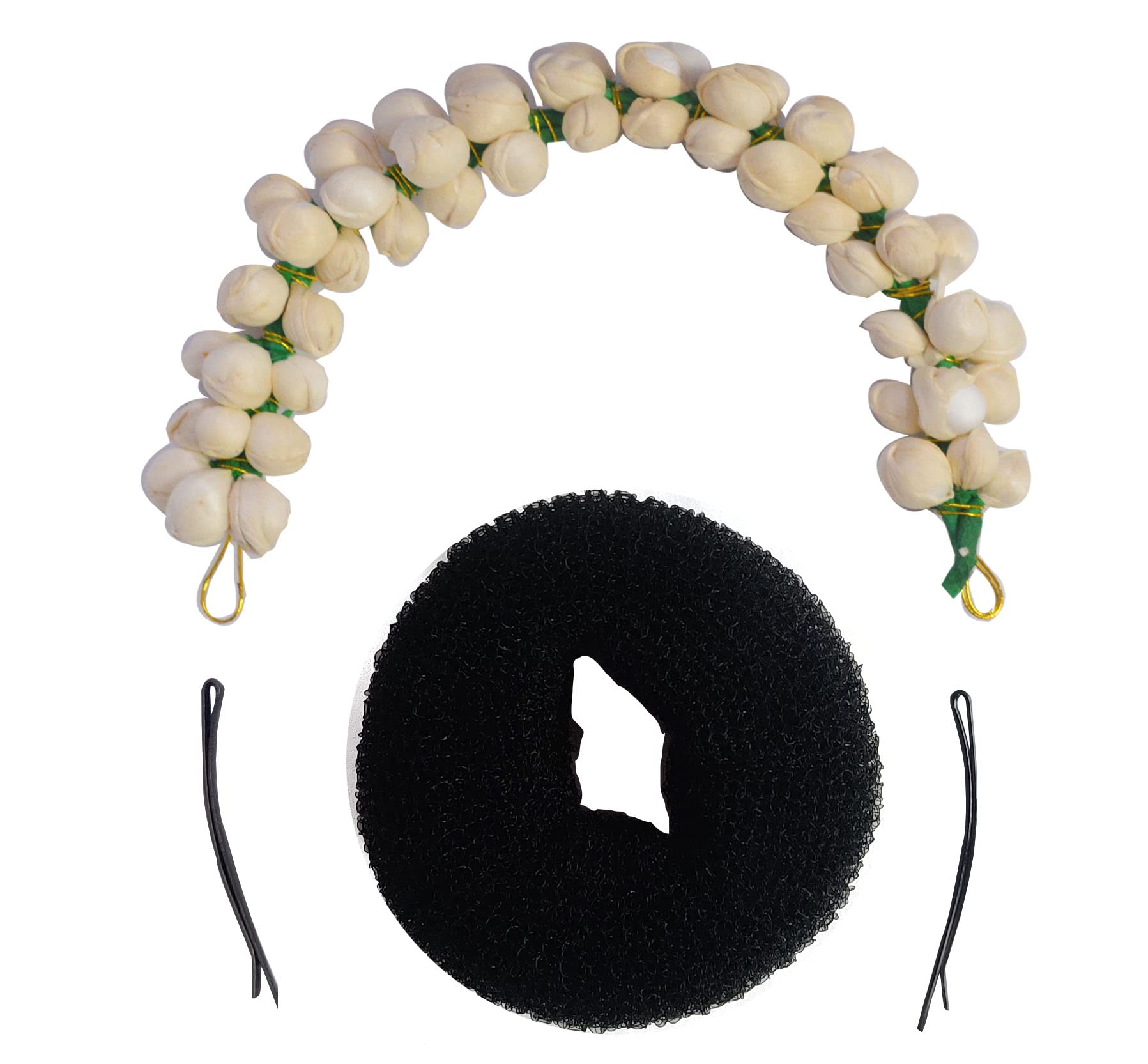 Stylish White Mogra Flower Gajra Hair Accessories Set - Floral Bun Maker Donut & 2 Side Pins for Women & Girls | Perfect for Weddings, Parties & Traditional Outfits
