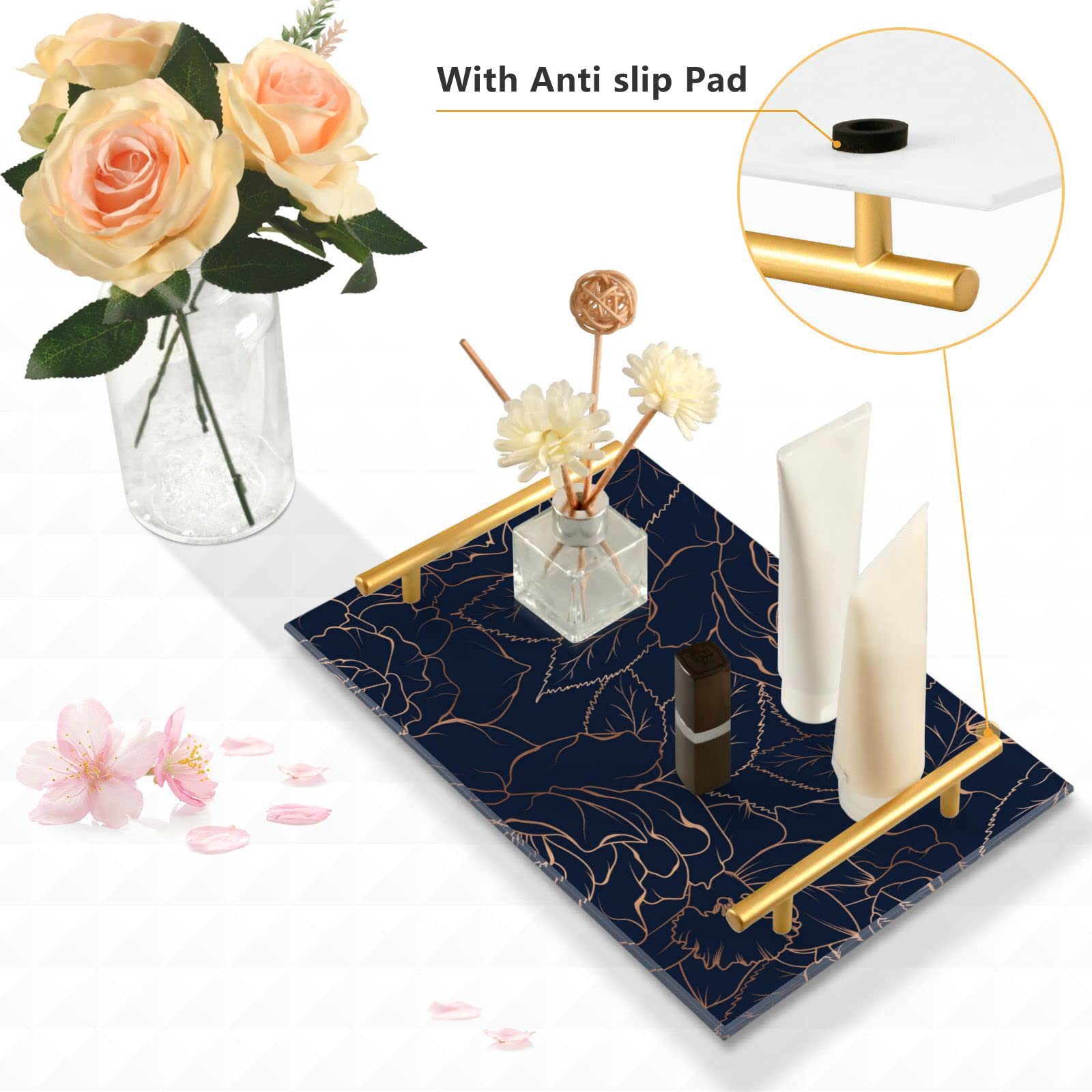 Copper Gold Bathroom Vanity Tray with Handles - Navy Blue Countertop Organizer for Makeup, Jewelry & Essentials - Farmhouse Decor for Bathroom, Bedroom & Kitchen Storage