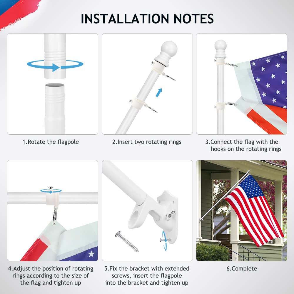 5ft Stainless Steel Wall Mounted Flag Pole Kit with Bracket & Rings - Outdoor Residential/Commercial Flagpole for House, Yard, Garden - Perfect for Patriotic Displays, Sports Events & Business Branding (White)