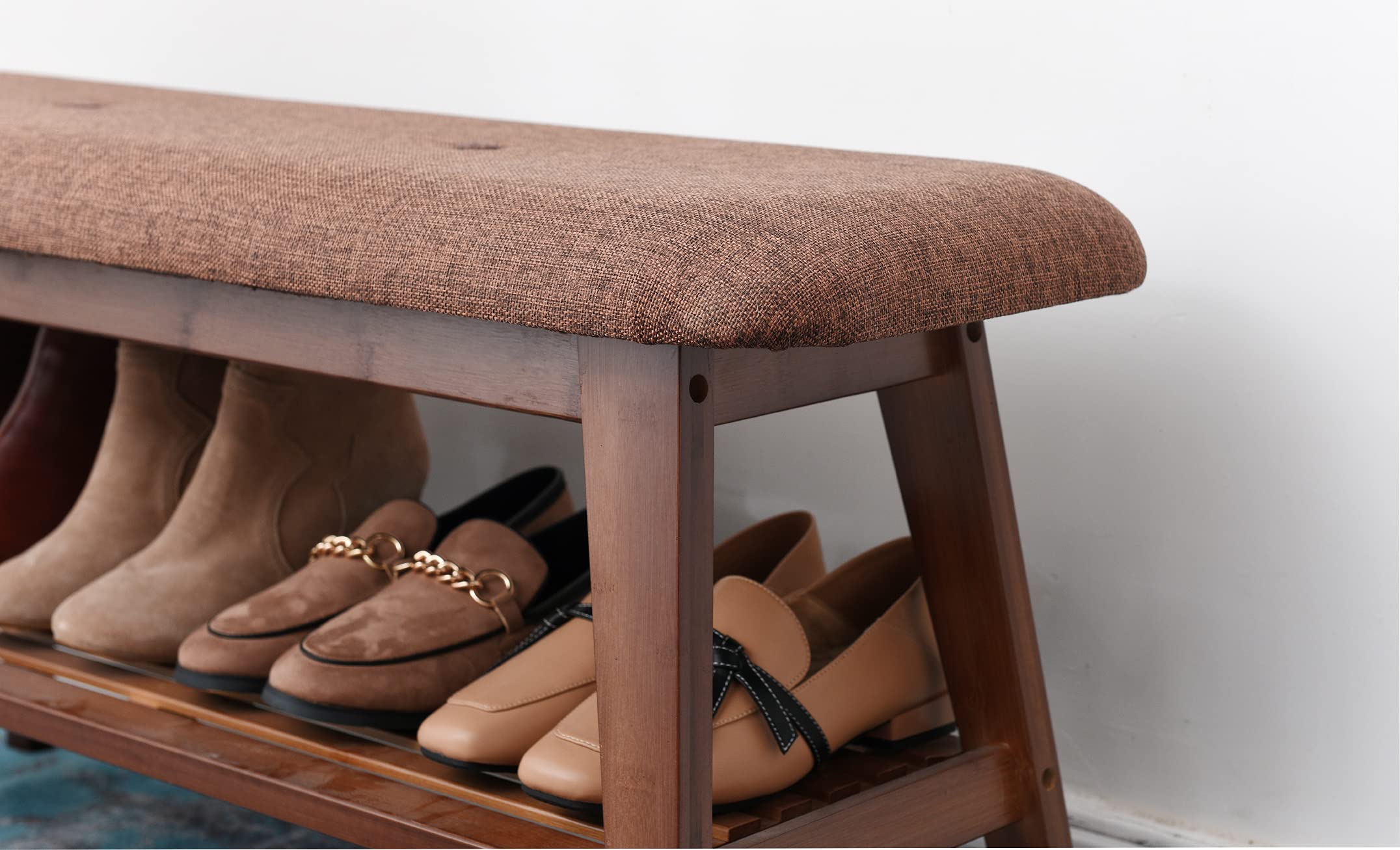 **Bamboo Shoe Rack Bench with 2-Tier Storage - Sturdy Entryway Organizer for Hallway, Living Room & Mudroom - Simple Style, High Load-Bearing (Brown, 35.4 Inches) - Perfect for Small Spaces & Shoe Storage**