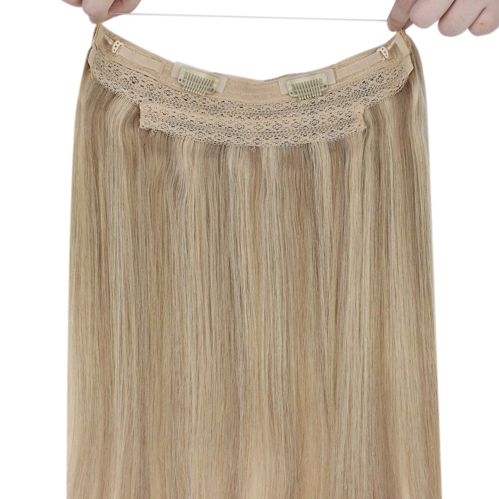 Sunny Wire Hair Extensions 20 Inch - Real Human Hair with Fish Line, Invisible Wire Extensions in Golden Blonde & Medium Blonde Highlights (#16/22) - Perfect for Parties, Weddings & Daily Styling