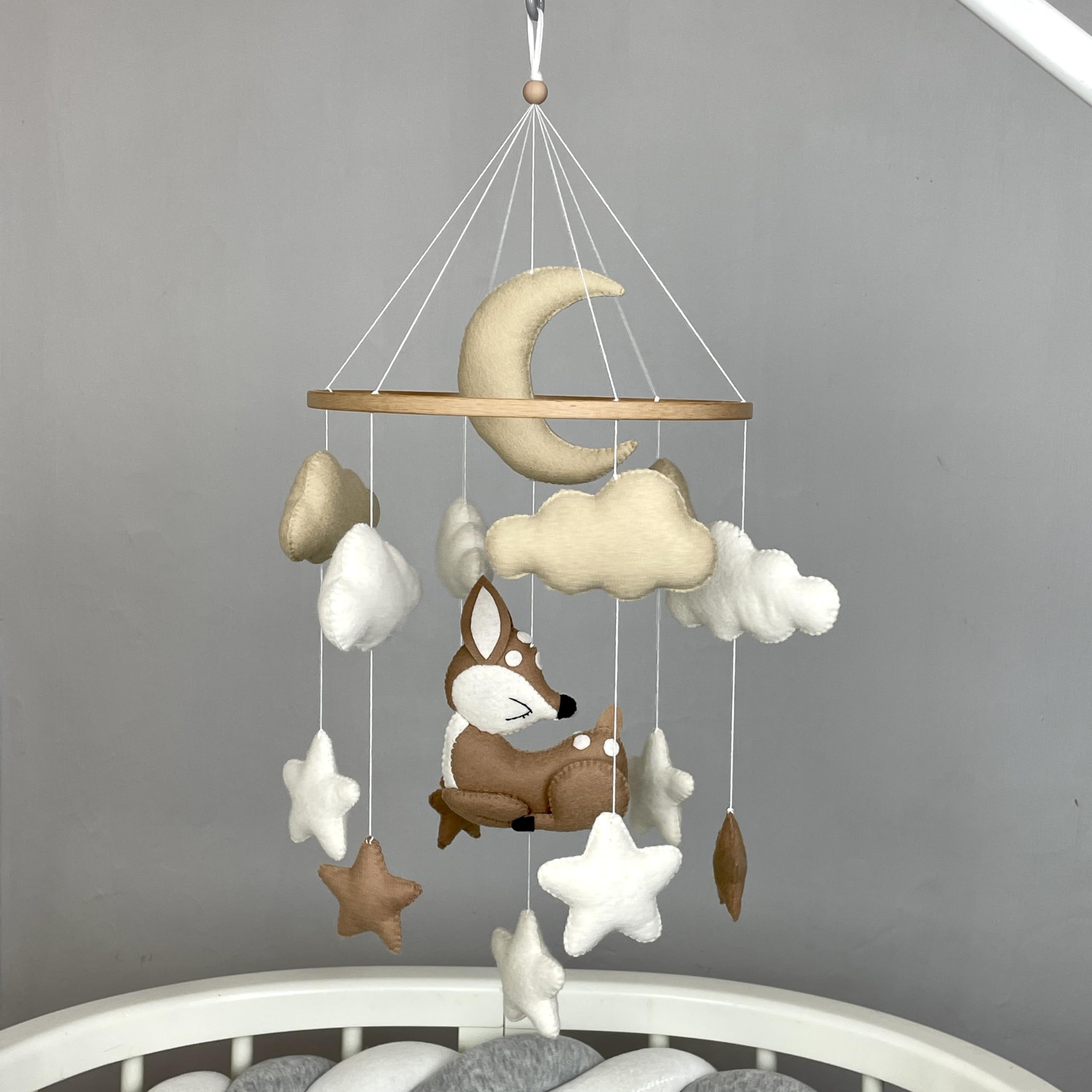 Gender Neutral Baby Crib Mobile - Woodland Deer Nursery Decor with Felt Hanging Animals in Beige | Perfect for Baby Showers, Newborn Gifts & Nursery Room Decoration