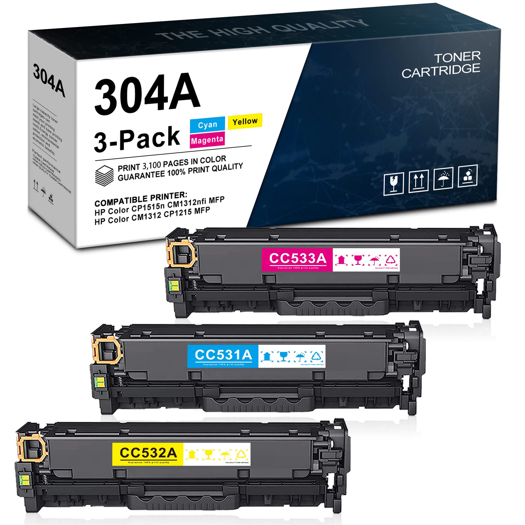 3-Pack Remanufactured HP 304A Toner Cartridges (1Cyan+1Yellow+1Magenta) - Compatible with HP Color LaserJet CP2025/CP2025n/CP2025dn/CP2025x & CM2320 Series Printers - High-Quality Replacement for CC531A/CC532A/CC533A - Perfect for Office Printing, Home Office & Small Business Use