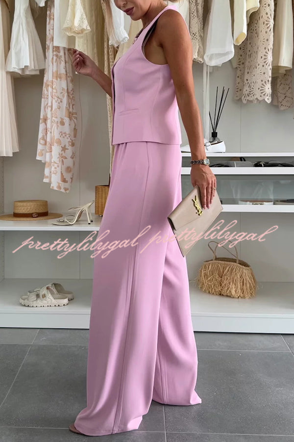 Stylish Women's Sleeveless Button Vest & Relaxed Pocket Wide Leg Pants Set - Office Workwear & Business Casual Outfit for Professional Women
