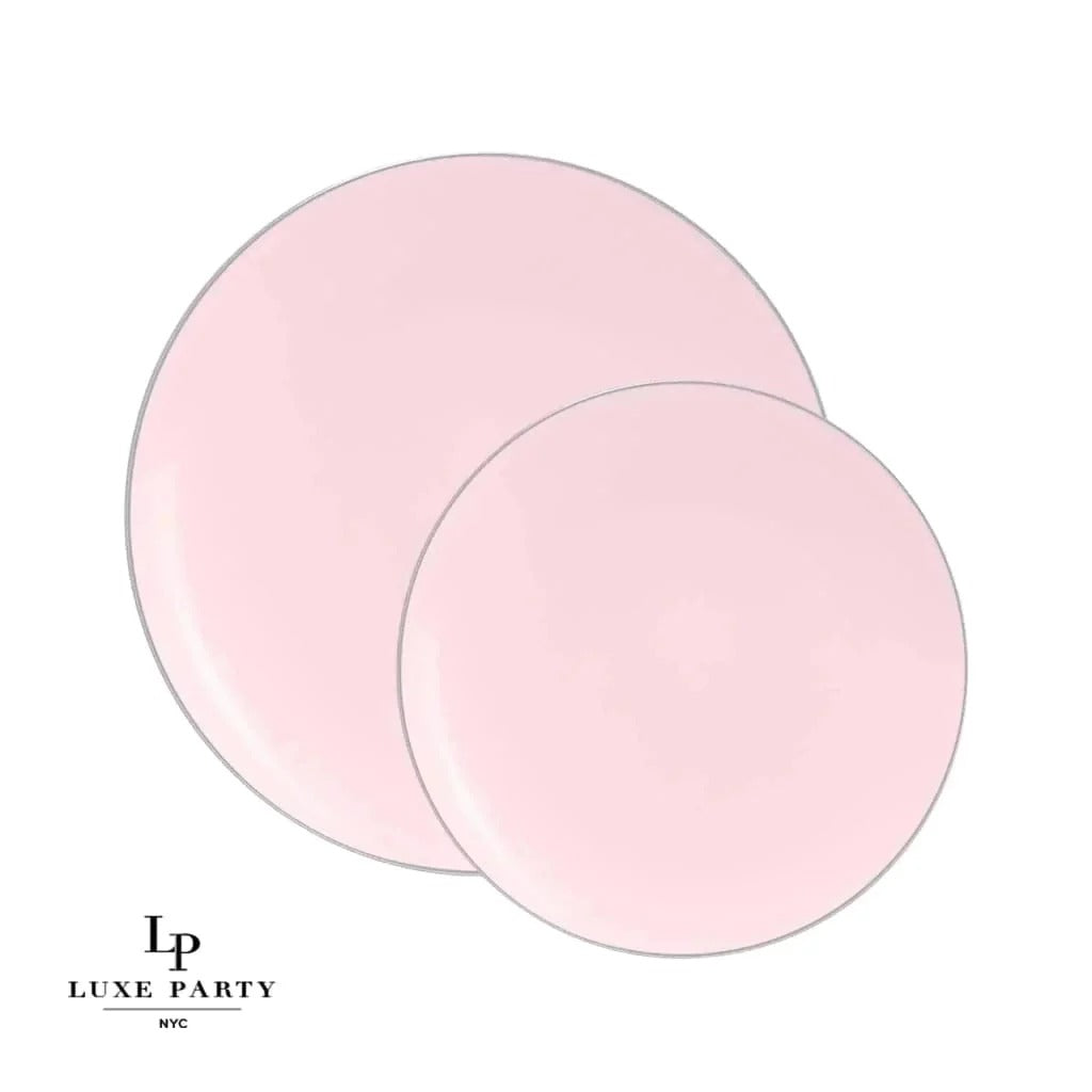Eco-Friendly Round Plastic Plates - Blush Pink with Silver Rim | Perfect for Parties, Picnics & Everyday Dining | BPA-Free & Durable Disposable Tableware
