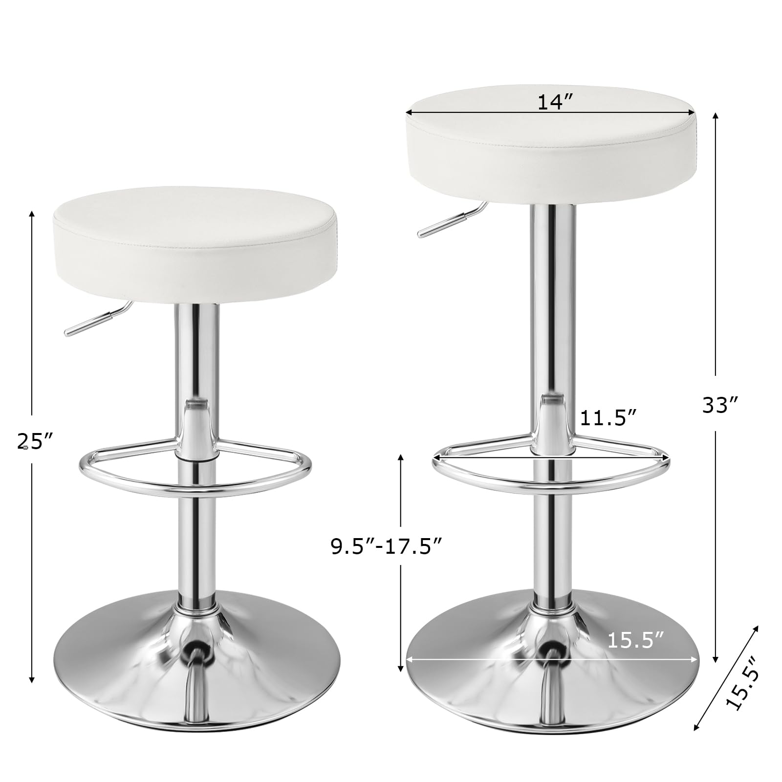 WATERJOY Adjustable Round Bar Stools Set of 4 - PU Seat Swivel Bar Stools with Footrest for Kitchen Island, Breakfast Nook & Home Bar - Comfortable Counter Height Stools for Dining & Entertaining