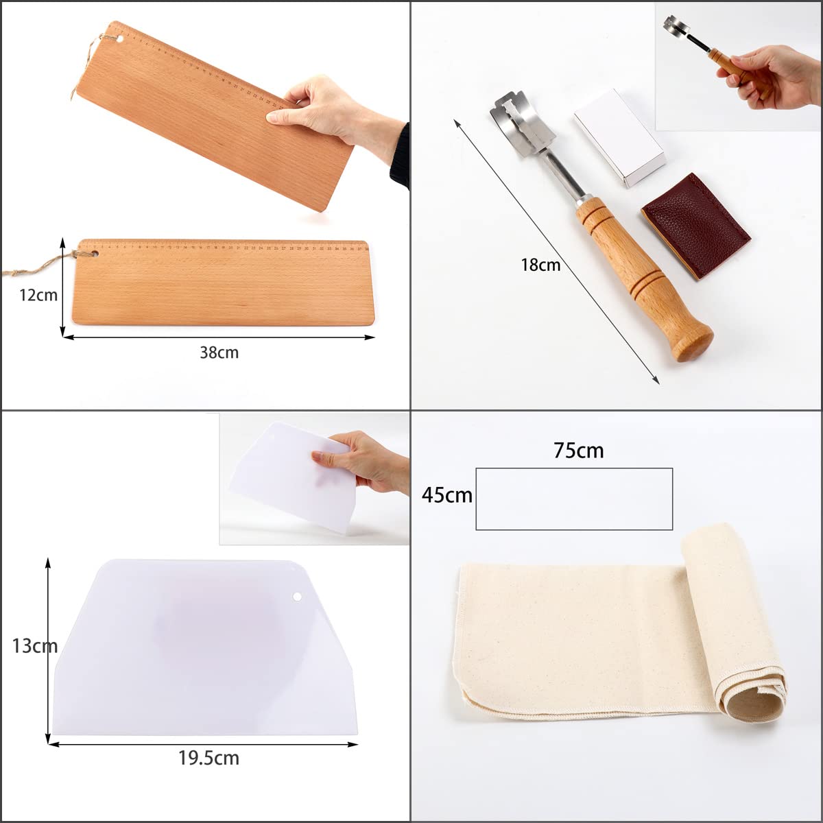 38cm Baguette Transfer Peel - Premium Solid Hardwood Baking Board for French Bread - Durable Professional Baker's Tool with Dough Lame, 2 Couche & Scrapers - Perfect for Artisan Bread Baking, Pizza Making & Pastry Prep