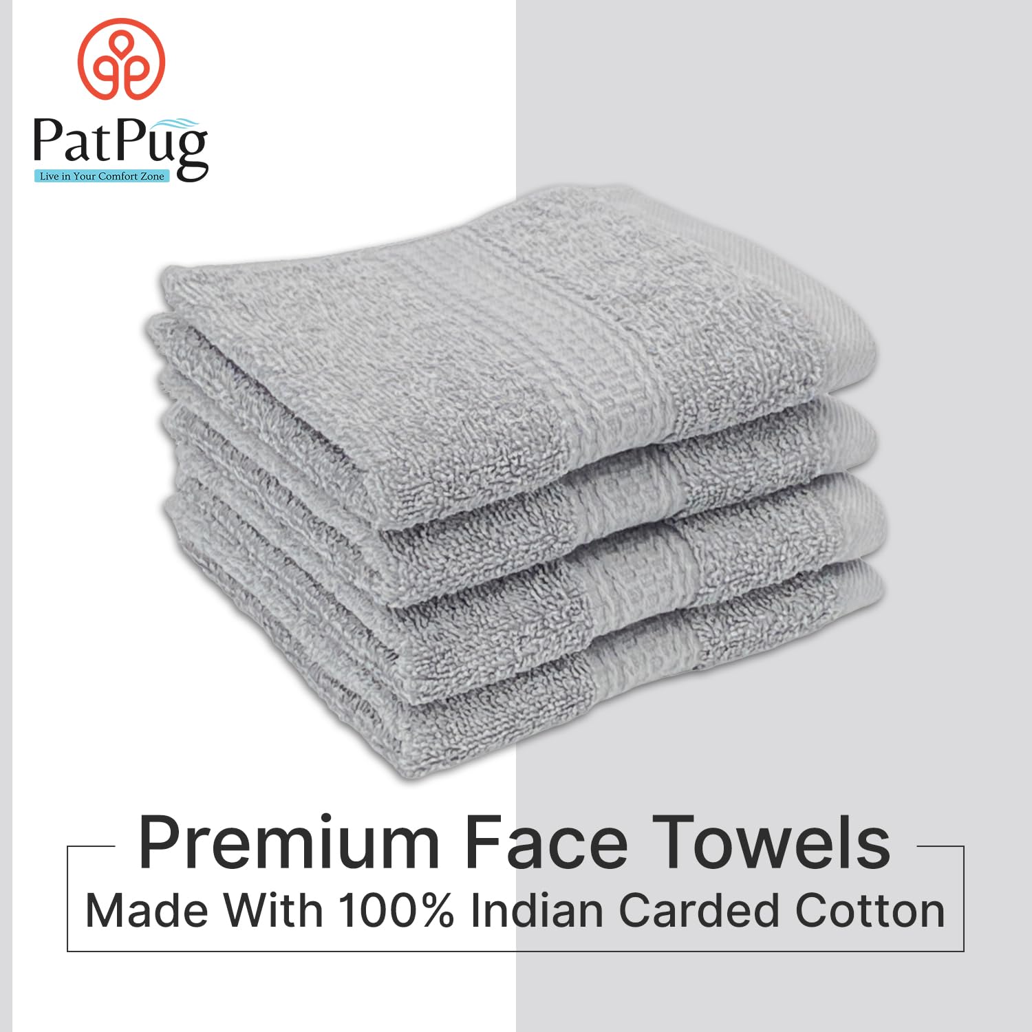 PatPug 100% Indian Ultra Soft Cotton 4-Piece Face Towel Set - 500 GSM for Baby, Gym & Travel | Premium Napkins & Hankies for Face Wash & Daily Use (Silver Grey)