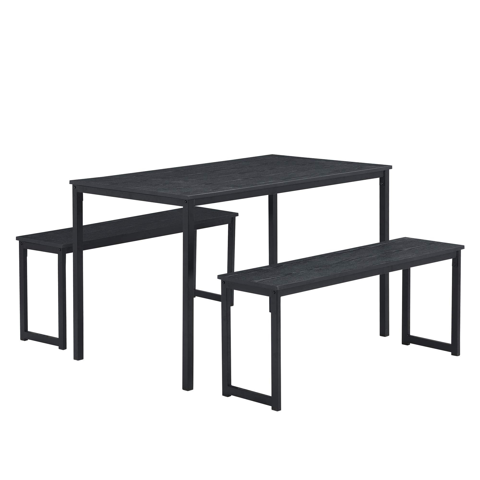 Modern 3-Piece Dining Set with 2 Benches - Black Metal Frame & MDF Board Kitchen Table for 4-6 People - Perfect for Small Spaces, Apartments & Cozy Family Meals