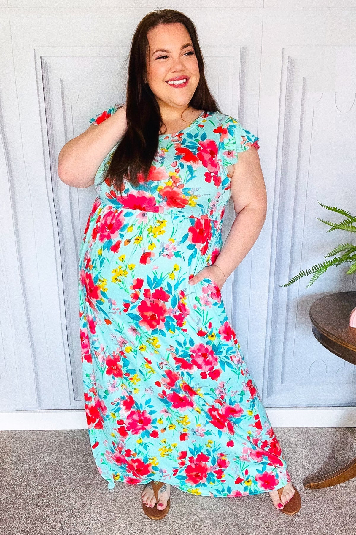 Aqua Floral Fit & Flare Maxi Dress for Women - Summer Beach Wedding Party Dress - Flowy Long Dress with V-Neck & Ruffle Hem
