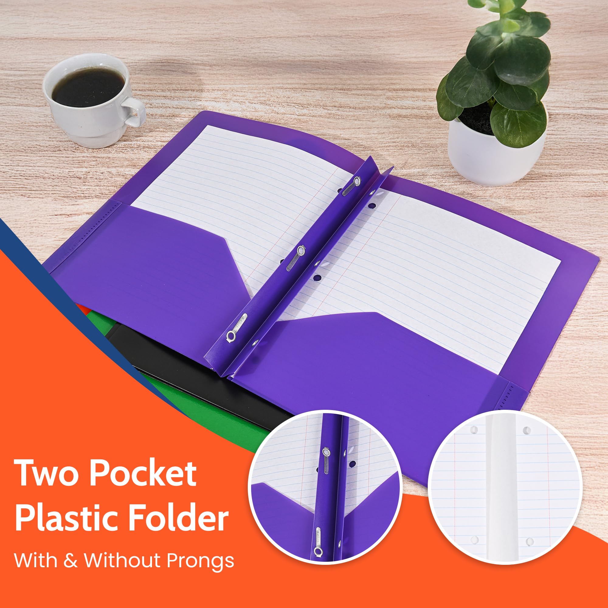 EPI Heavy Duty Plastic Folders with Pockets 24 Pack - 2 Pocket Folders with Prongs, Tear-Resistant Letter Size 8.5x11 Inches, Orange - Perfect for School, Office, Presentations & Document Organization