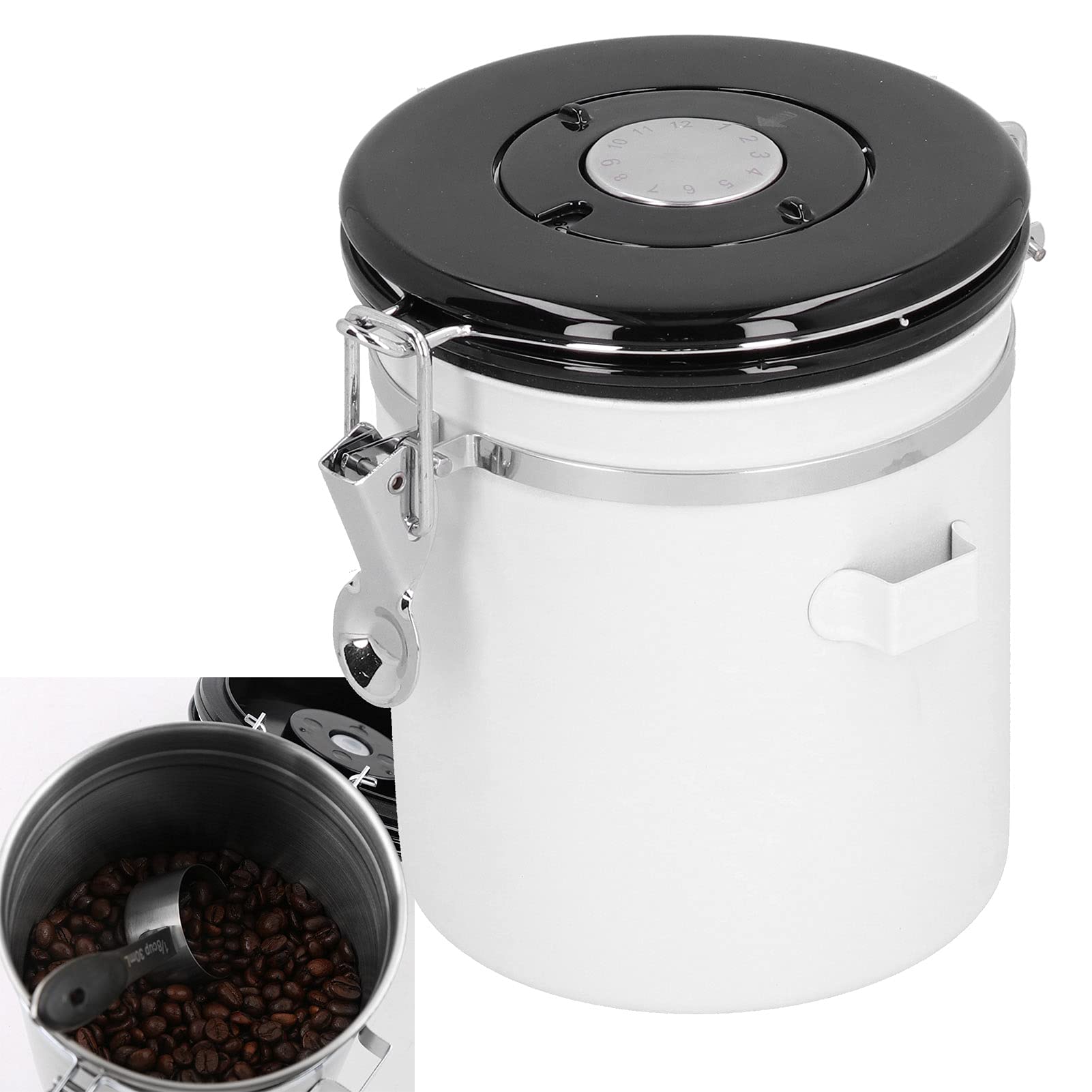 Premium Airtight Coffee Beans Storage Canister - 1.5L White Coffee Container with Measuring Spoon for Freshness - Ideal for Storing Coffee Beans, Tea Leaves, Sugar & Dry Goods in Kitchen or Pantry