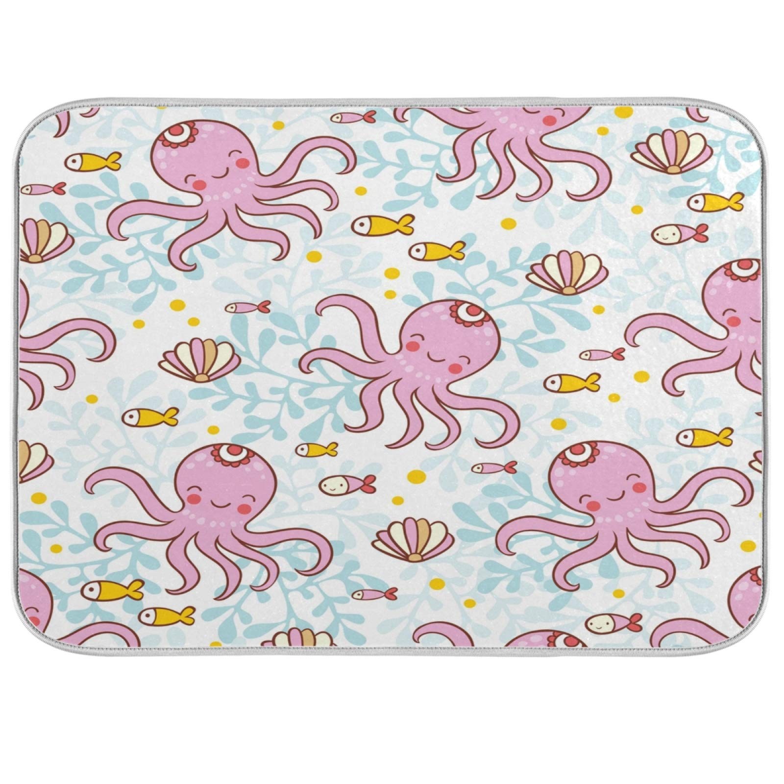 Pink Octopus Dish Drying Mat - Super Absorbent Reversible Microfiber for Kitchen Counter (18x24 Inch) - Perfect for Dishes & Utensils