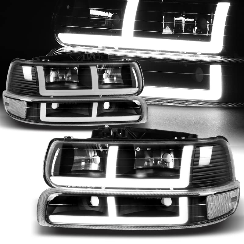 HYPERSPEED G2 DRL LED Light Bar & Bumper Lamps (4-Piece Set) - Compatible with 1999-2006 Chevy Silverado, Suburban, Tahoe - Black Housing with Clear Lens & Reflector - High-Performance Replacement Headlights for Off-Road, Night Driving & Truck Customization