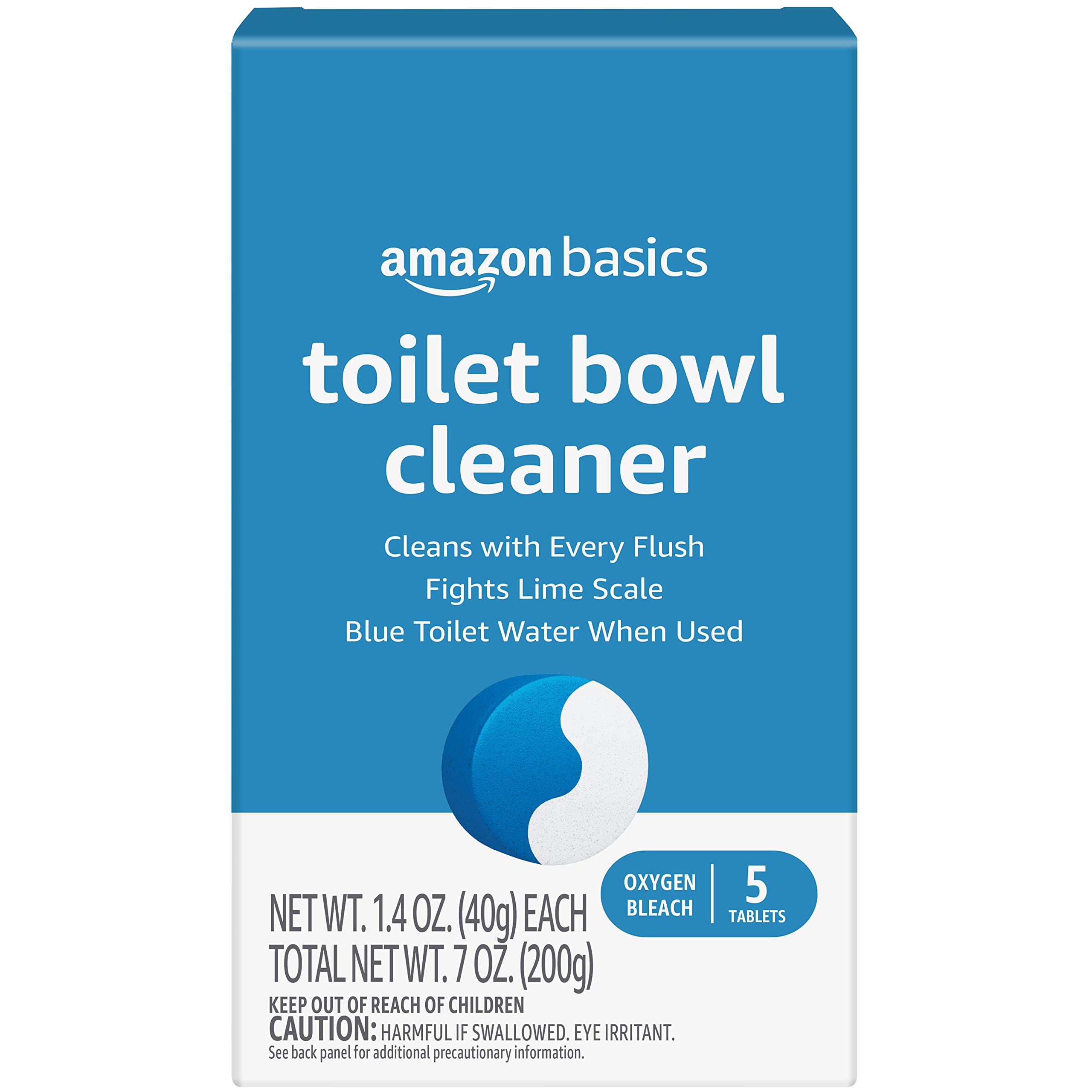 Amazon Basics Oxygen Bleach Toilet Bowl Cleaner Tablets - Unscented, Blue, 5 Count (Pack of 1) | Effortless Toilet Cleaning for Sparkling Results