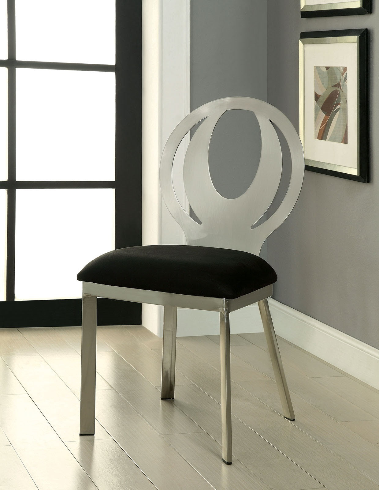 Modern Silver Metal Frame 2-Piece Dining Chairs Set with Black Microfiber Cushion & Oval Back Design - Elegant Kitchen & Dining Room Furniture for Home Decor