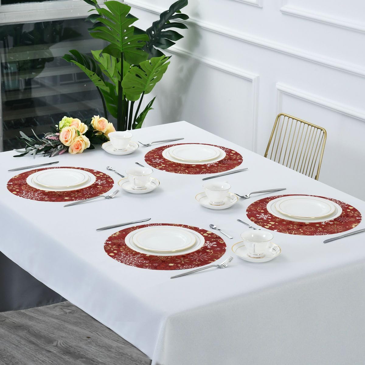 4 Pack Red and Gold Snow Christmas Round Placemats - Washable Farmhouse Style Dining Table Mats for Kitchen, Indoor & Outdoor Use - Perfect for Holiday Parties, Family Gatherings and Festive Decorations