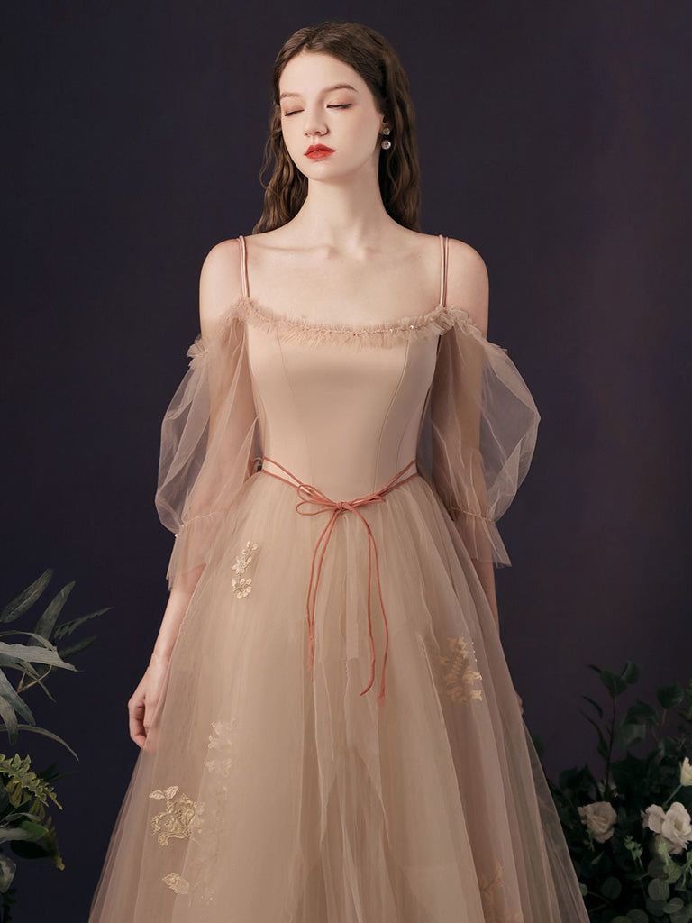 Elegant Champagne Tulle A-Line Long Prom Dress for Formal Events - Perfect for Homecoming, Weddings & Evening Galas