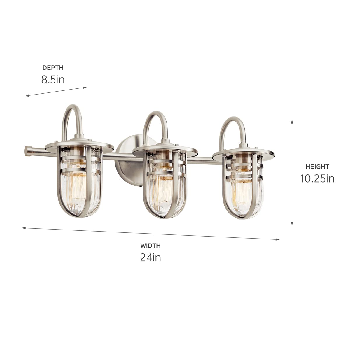 Kichler Caparros 24 Inch 3-Light Bathroom Vanity Light Fixture - Brushed Nickel Finish with Clear Ribbed Glass Shades - Perfect for Bathroom, Powder Room, and Dressing Room Lighting