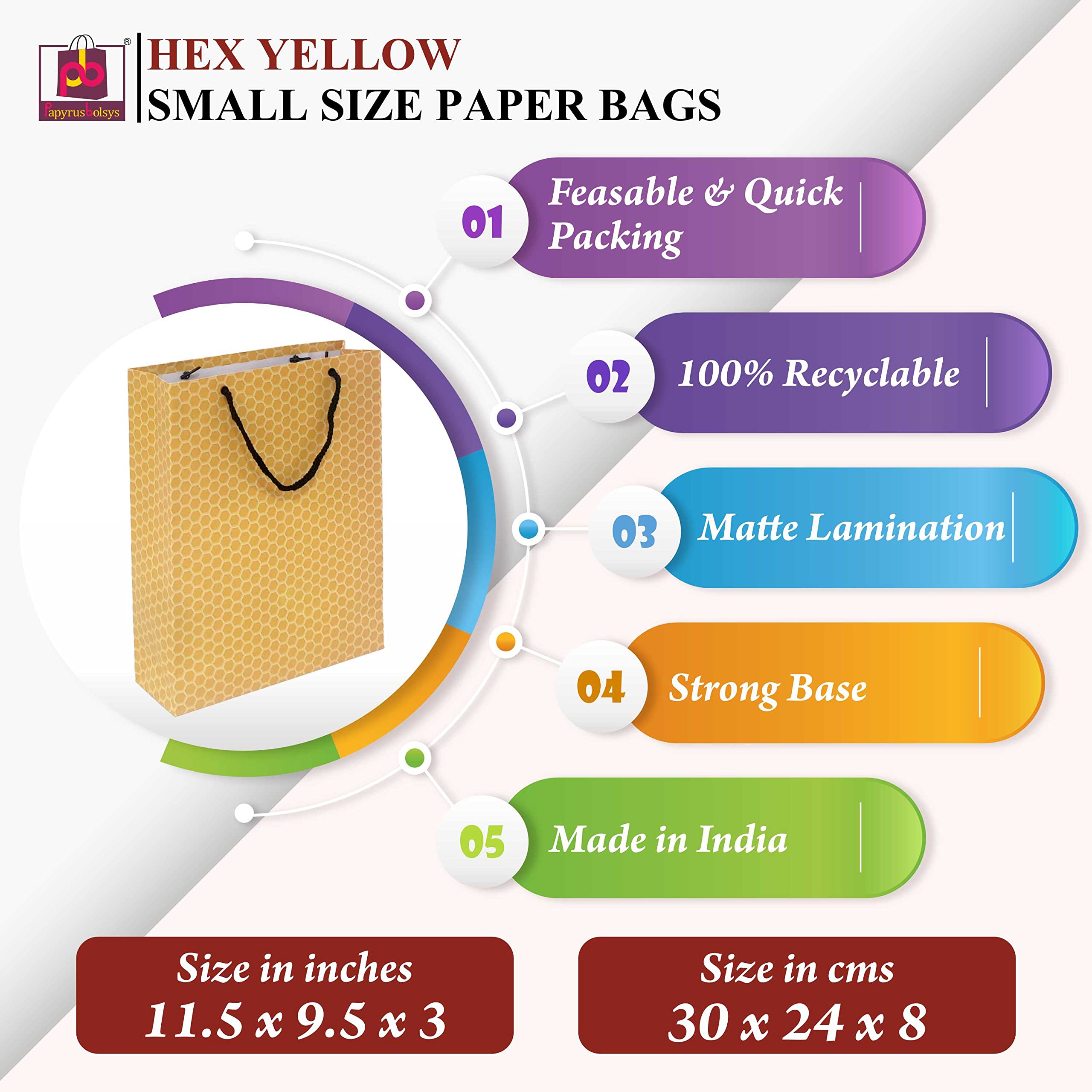 Eco-Friendly Hexagonal Design Small Yellow Paper Bags - Pack of 12 | Perfect for Party Favors, Gift Packaging & Retail Shopping Bags