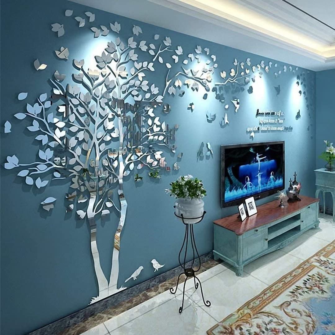 3D Tree Wall Decals - DIY Peel and Stick Wall Stickers with Birds, Large 158x79 Inch Family Tree Mural for Living Room, Bedroom, TV Background - Silver Left Design | Perfect for Home Decor, Nursery, Kids Room & Wedding Photo Backdrop