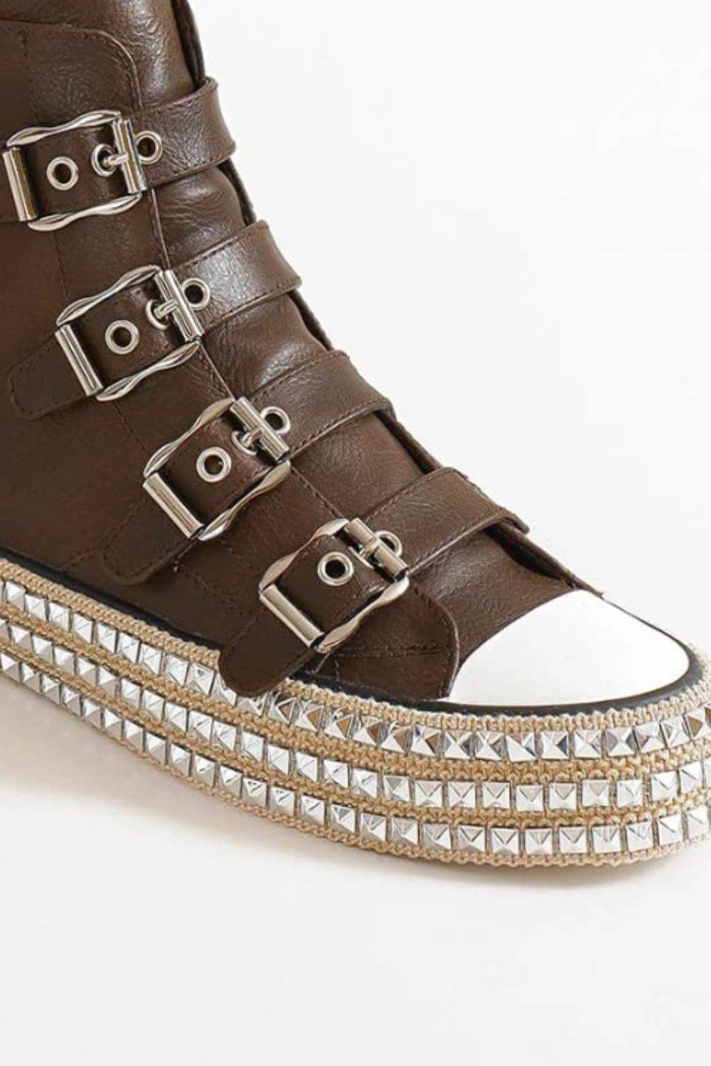 Beast Fashion Multi Buckle Straps Studded Platform Sneakers for Women - Brown Chunky Gothic Punk Boots for Casual Wear, Street Style & Night Out