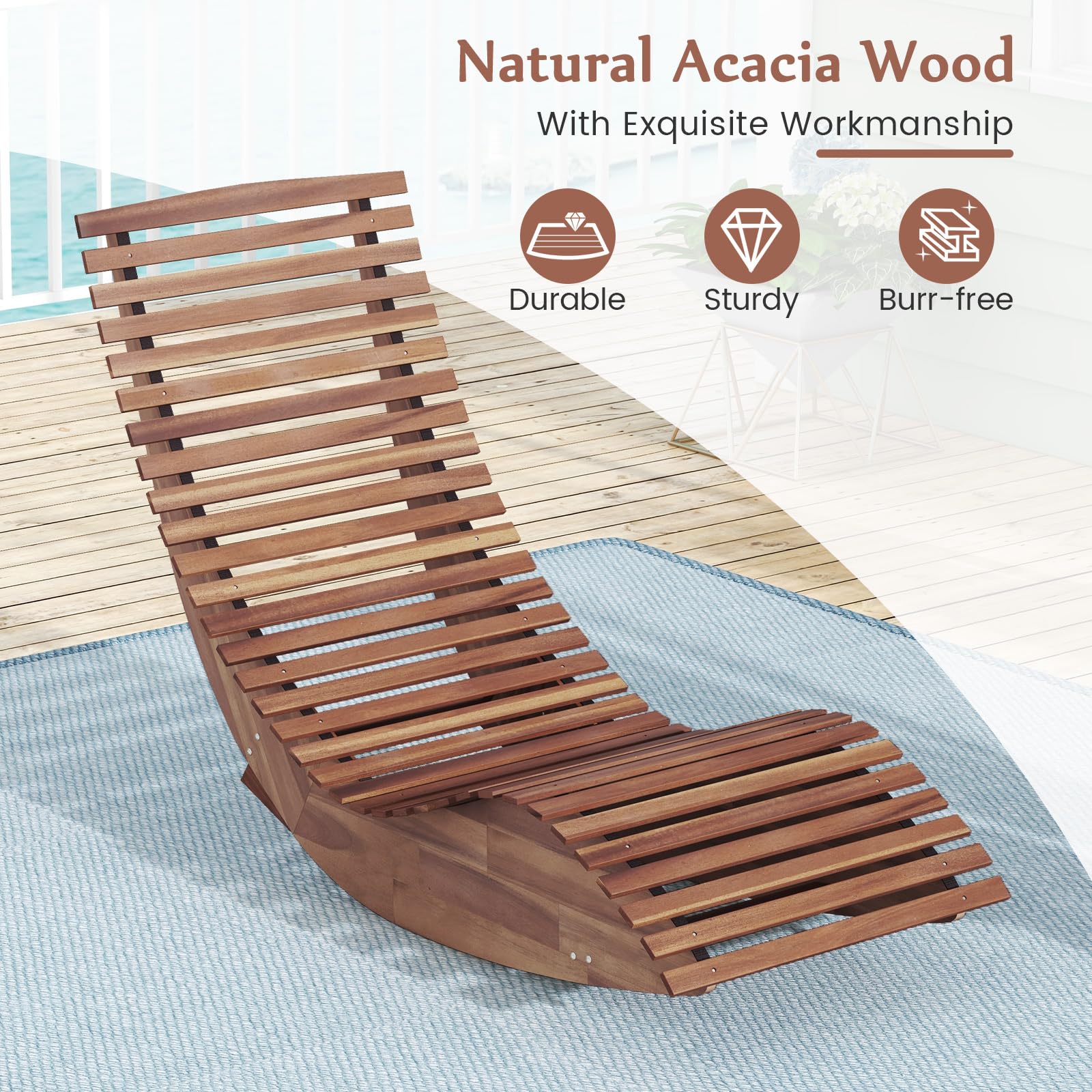 Giantex Outdoor Chaise Lounge Chair Set of 2 - Acacia Wood Patio Lounger with Slatted Design & Rocking Feature, Perfect for Sunbathing, Poolside Relaxation, Beach Lounging, and Backyard Decor