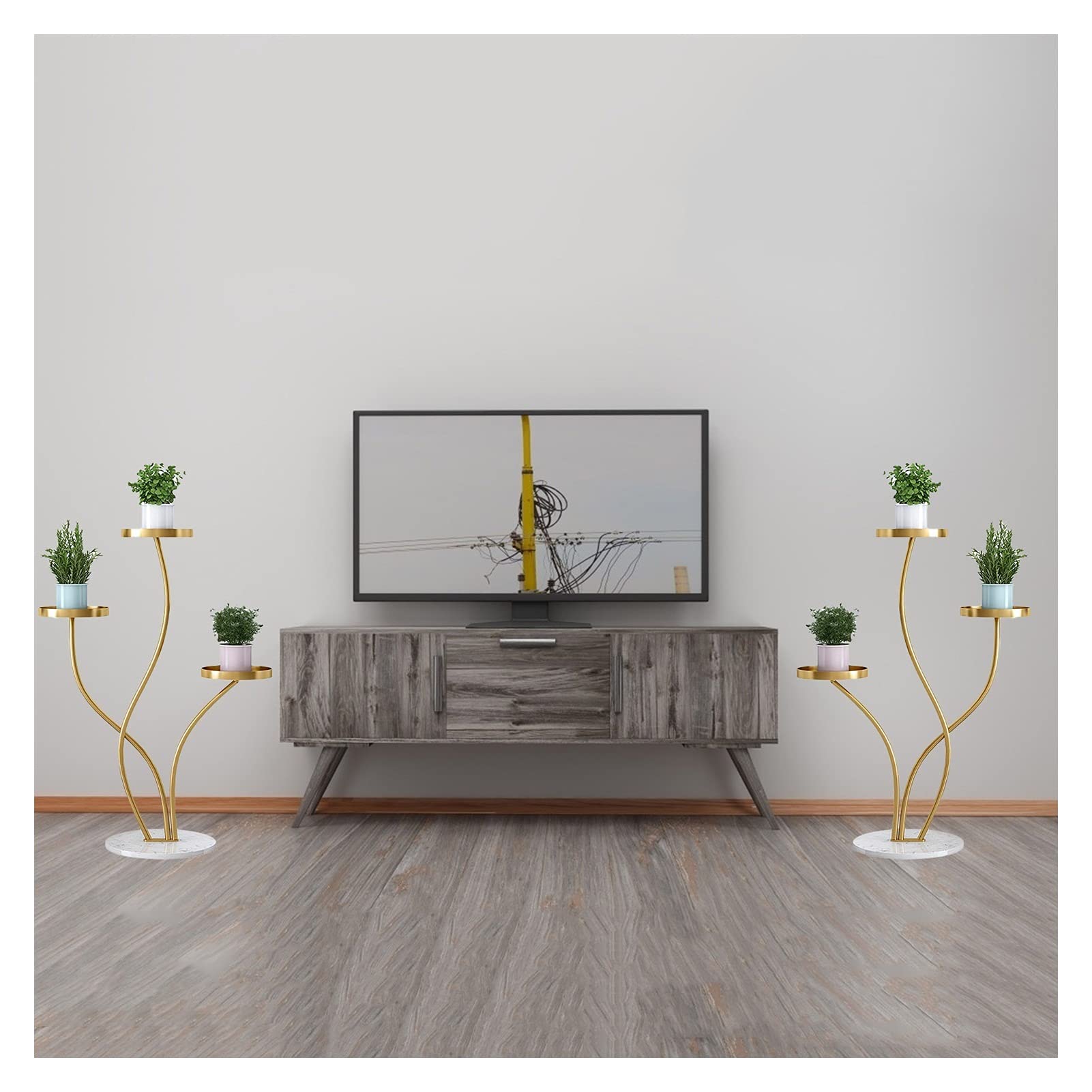ZENGAI 2-Piece Balcony Flower Pot Stand Set - 3-Tier Wrought Iron Plant Shelf with Waterproof Marble Base - Indoor/Outdoor Floor Standing Plant Holder for Living Room, Patio, Garden - Easy to Clean & Durable Plant Container