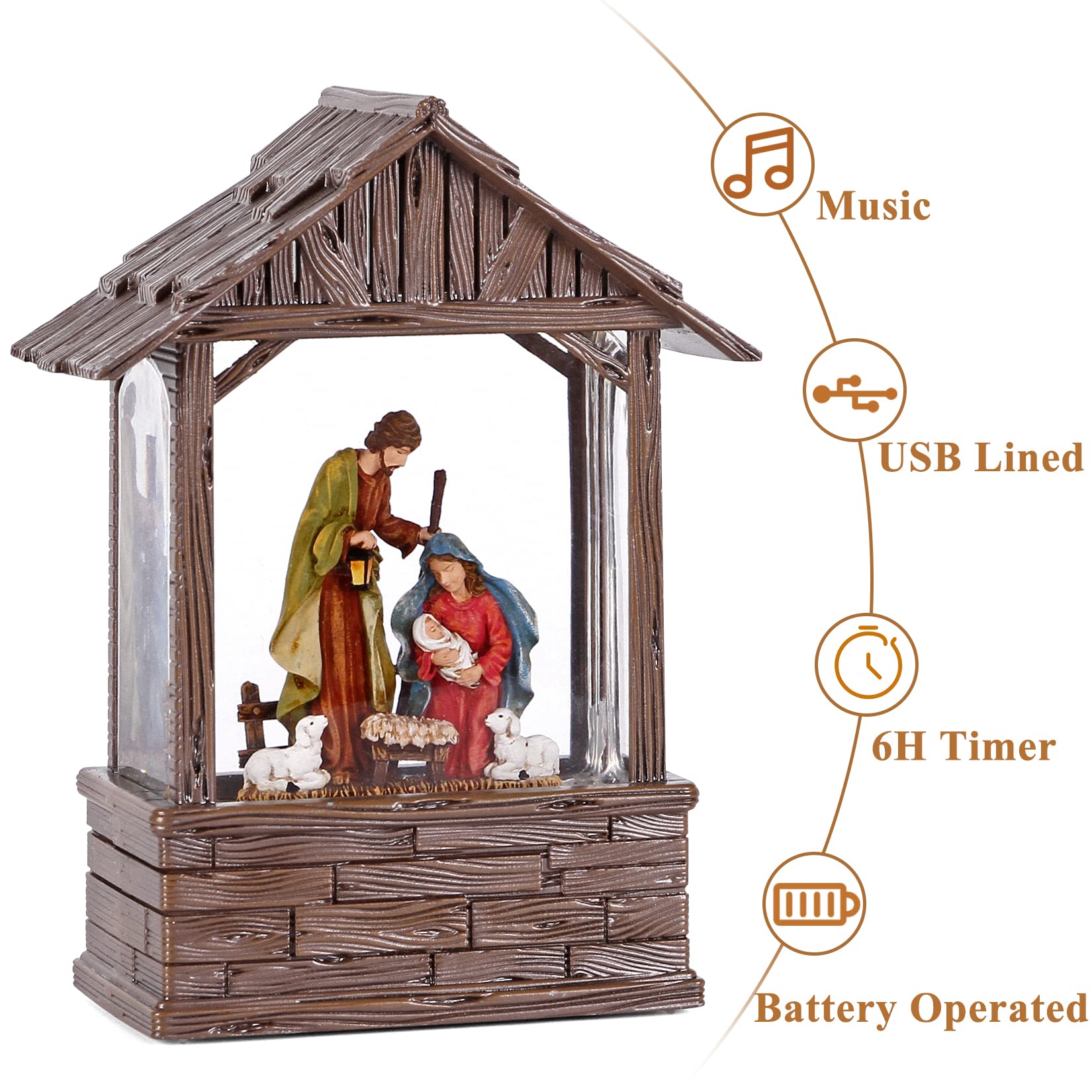 USB & Battery Operated Christmas Snow Globe with Timer & Music - LED Lighted Nativity Scene with Glitter for Holiday Decorations (Perfect for Home, Office, and Christmas Tree Decor)