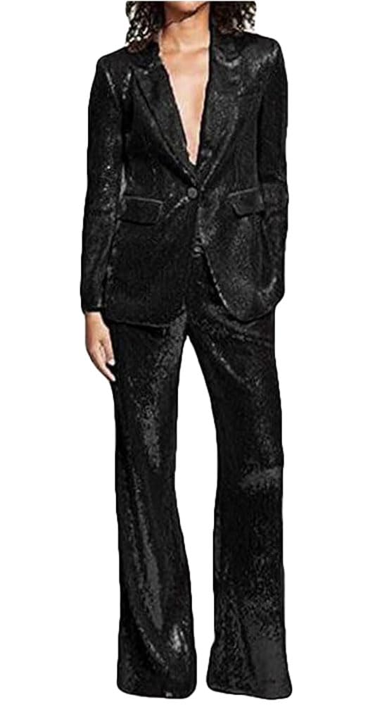 Elegant Women's Sequined 2-Piece Blazer & Pants Suit Set - One Button Wedding Tuxedo for Prom, Party & Special Occasions | Formal Evening Wear & Cocktail Attire
