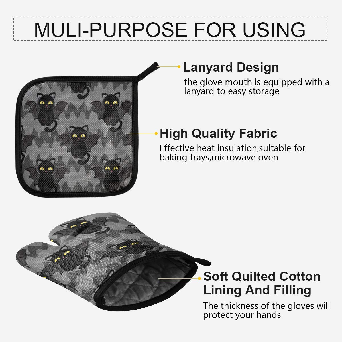 Halloween Black Cat Bat Wings Oven Mitts & Pot Holders Set - Cute Heat Resistant Non-Slip Kitchen Accessories for Cooking, Baking, BBQ - Perfect for Halloween Decor & Holiday Gift Giving