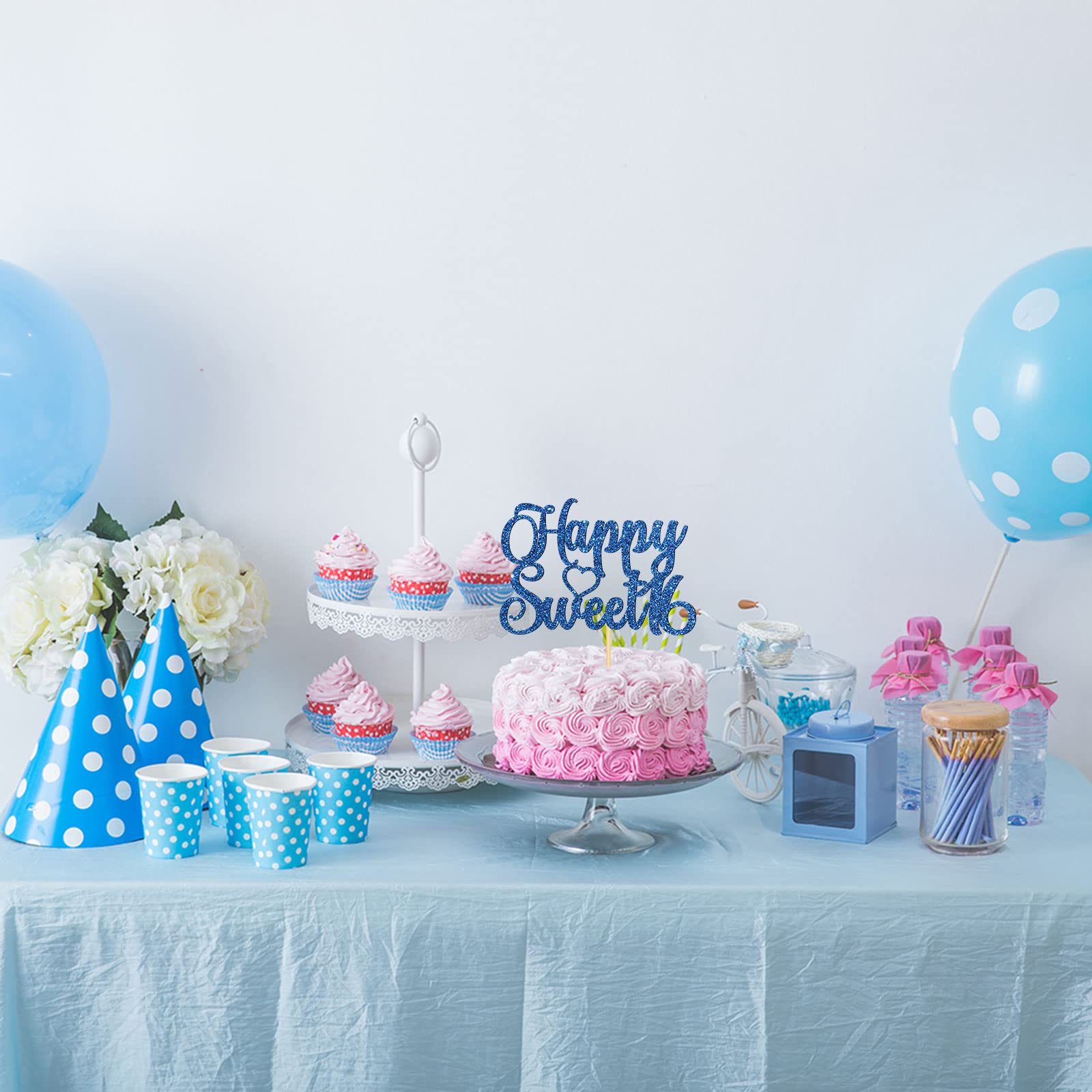 Deep Blue Glitter Happy Sweet 16 Birthday Cake Topper - 16th Birthday Party Decorations for Teens - Cheers to 16 Years Sign - Sweet Sixteen & Wedding Anniversary Party Supplies - Perfect for Birthday Cakes, Milestone Celebrations & Anniversary Parties