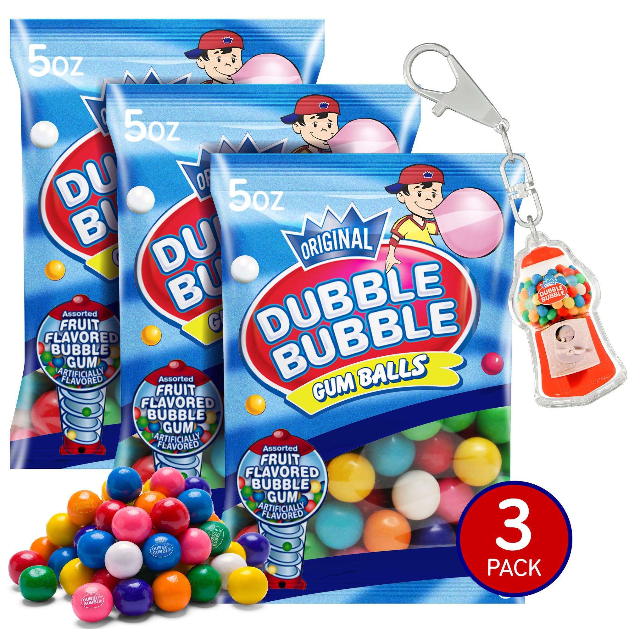 Double Bubble Gum Balls Refill for Gumball Machine - 15 oz (3-Pack) - Antique Style Bubble Gum with Keychain - Perfect for Christmas Gifts & Candy Dispensers - Great for Parties, Vending Machines, and Retro Candy Displays